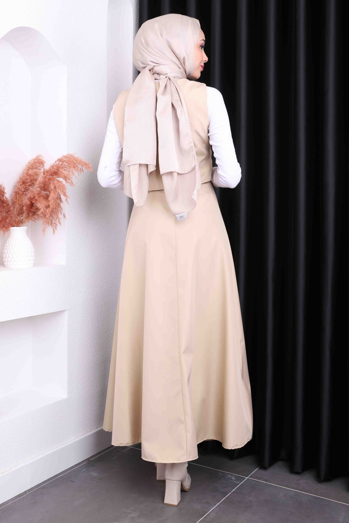 İmajButik-Beige Flared Skirt Vest Set 4