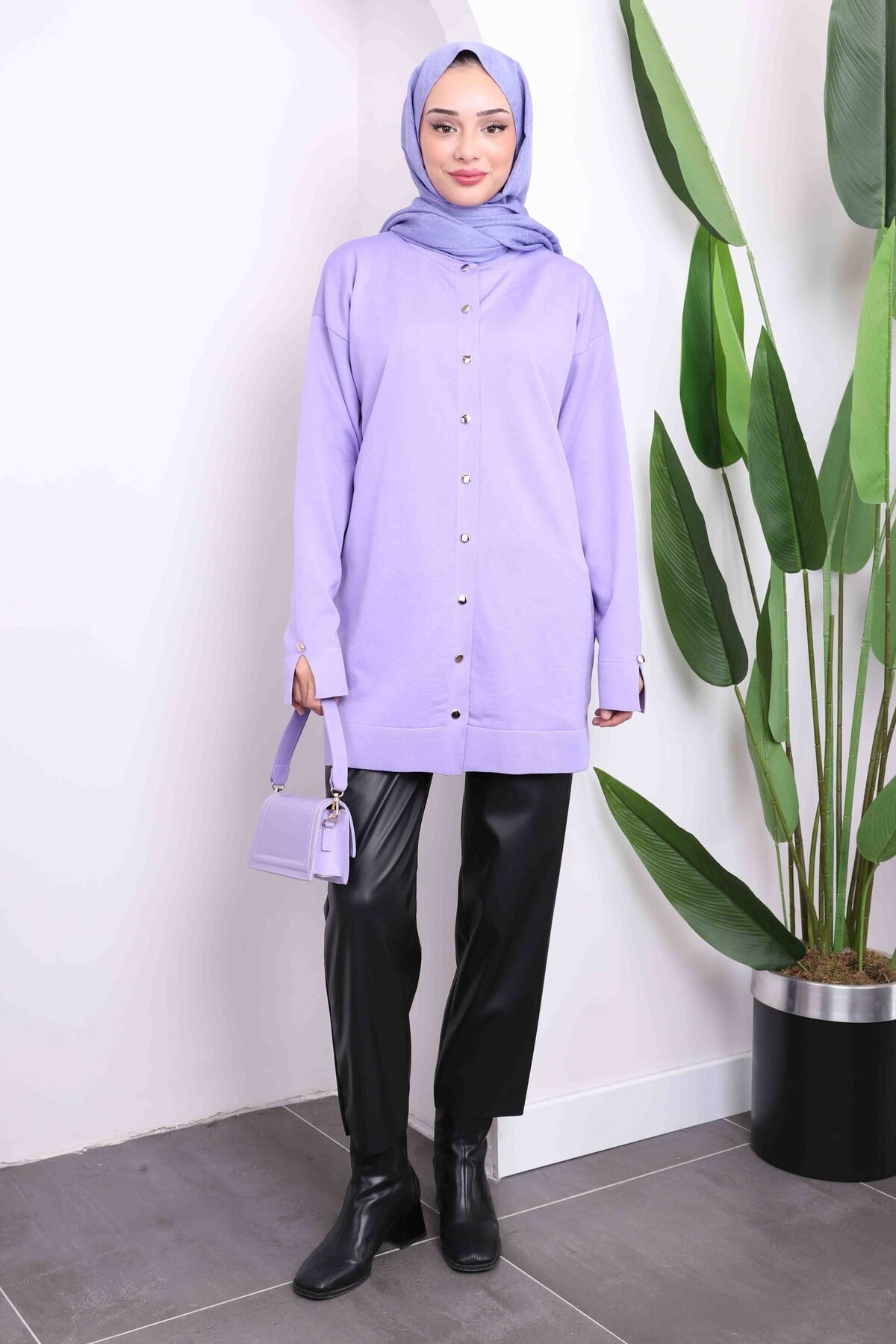 İmajButik-Lilac Cold Yarn Buttoned Knitwear Cardigan 2