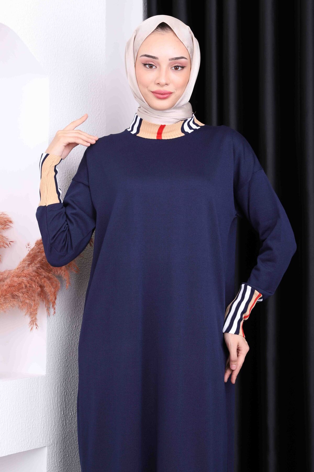 İmajButik-Navy Blue Stand Collar Mercerized Knitwear Dress 3