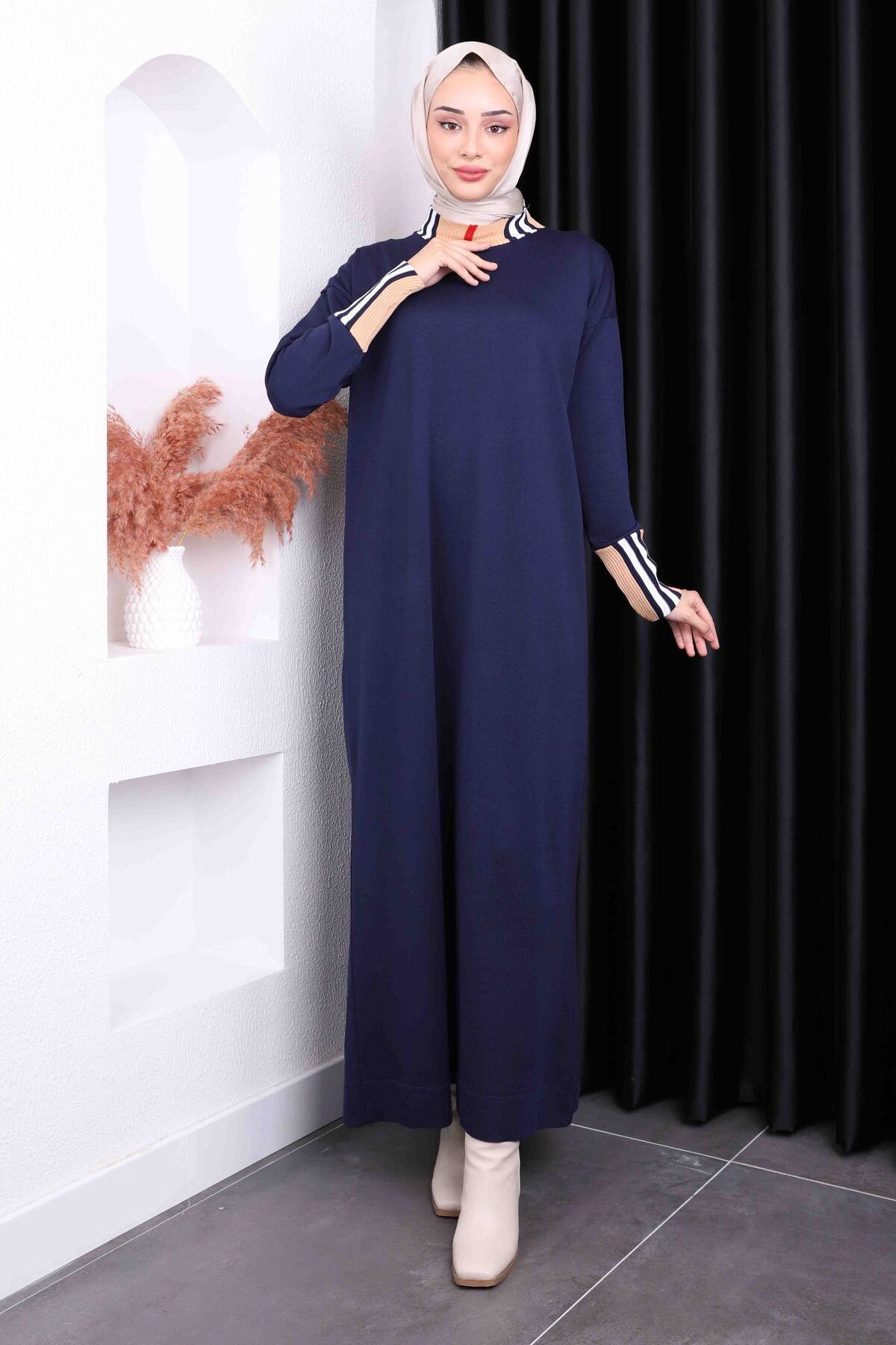 İmajButik-Navy Blue Stand Collar Mercerized Knitwear Dress 2