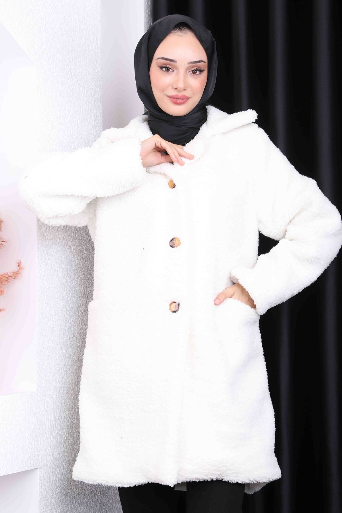 İmajButik-Ecru Buttoned Angora Plush Coat 2