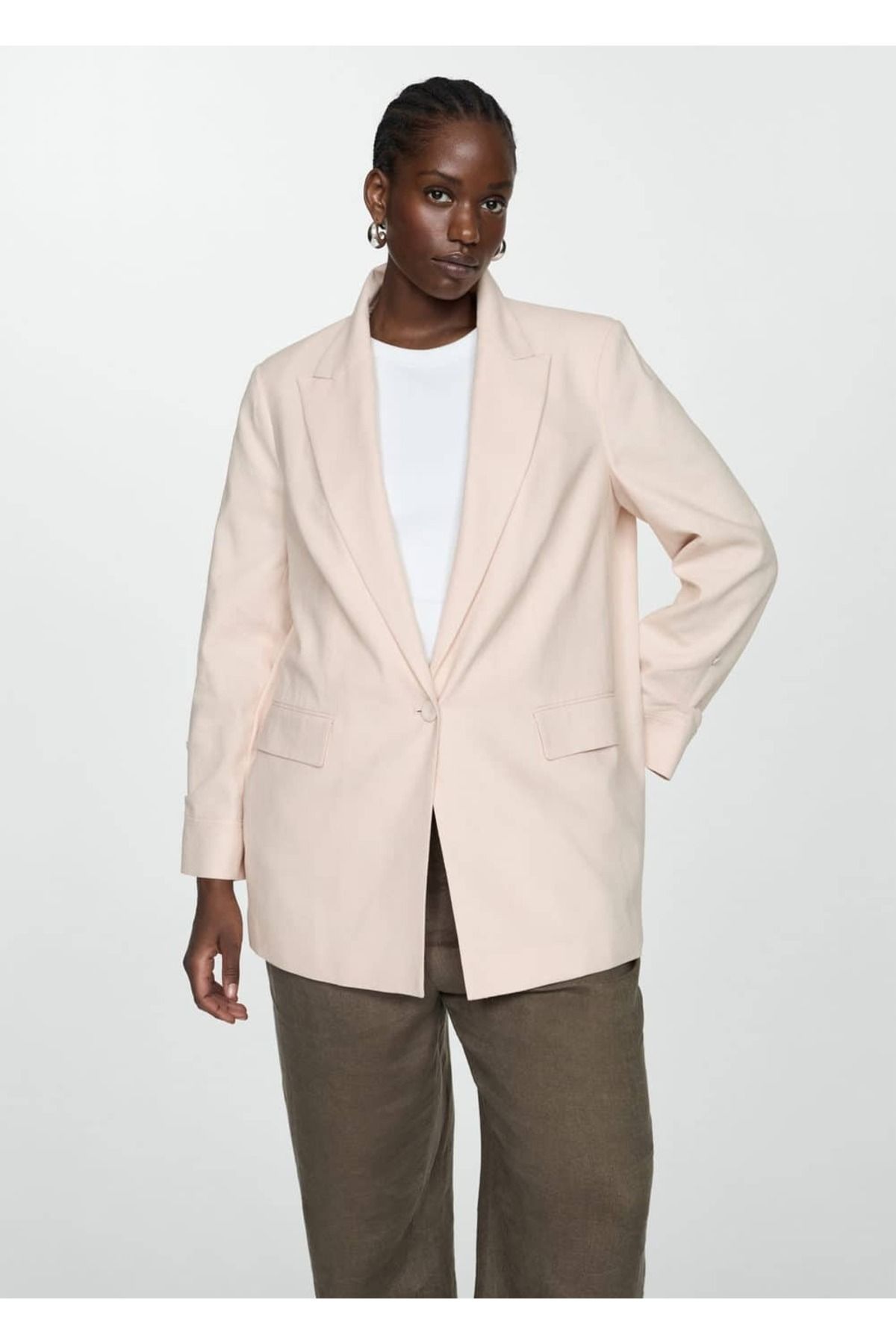 MANGO Woman-Linen Blazer Jacket with Cuffs Button 6