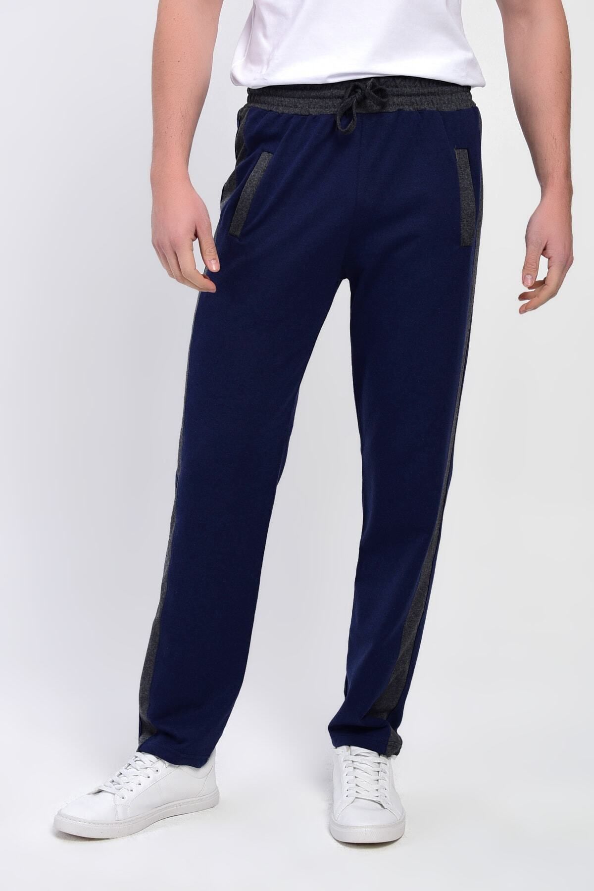 DYNAMO-Men's Navy Blue Sweatpants with Elastic Waist and Stripes on the Sides 3