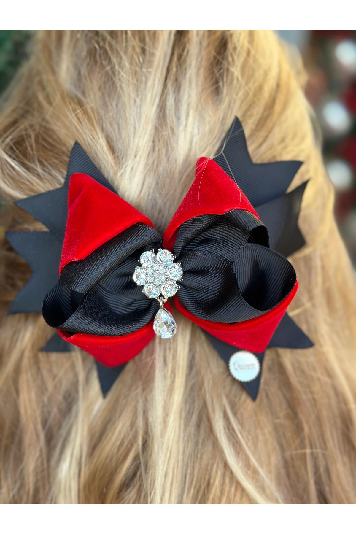 QUEEN AKSESUAR-Luxury Design - Metal Crystal Stone Floral Layered Velvet Bow, Automatic Buckle, Red Black 3