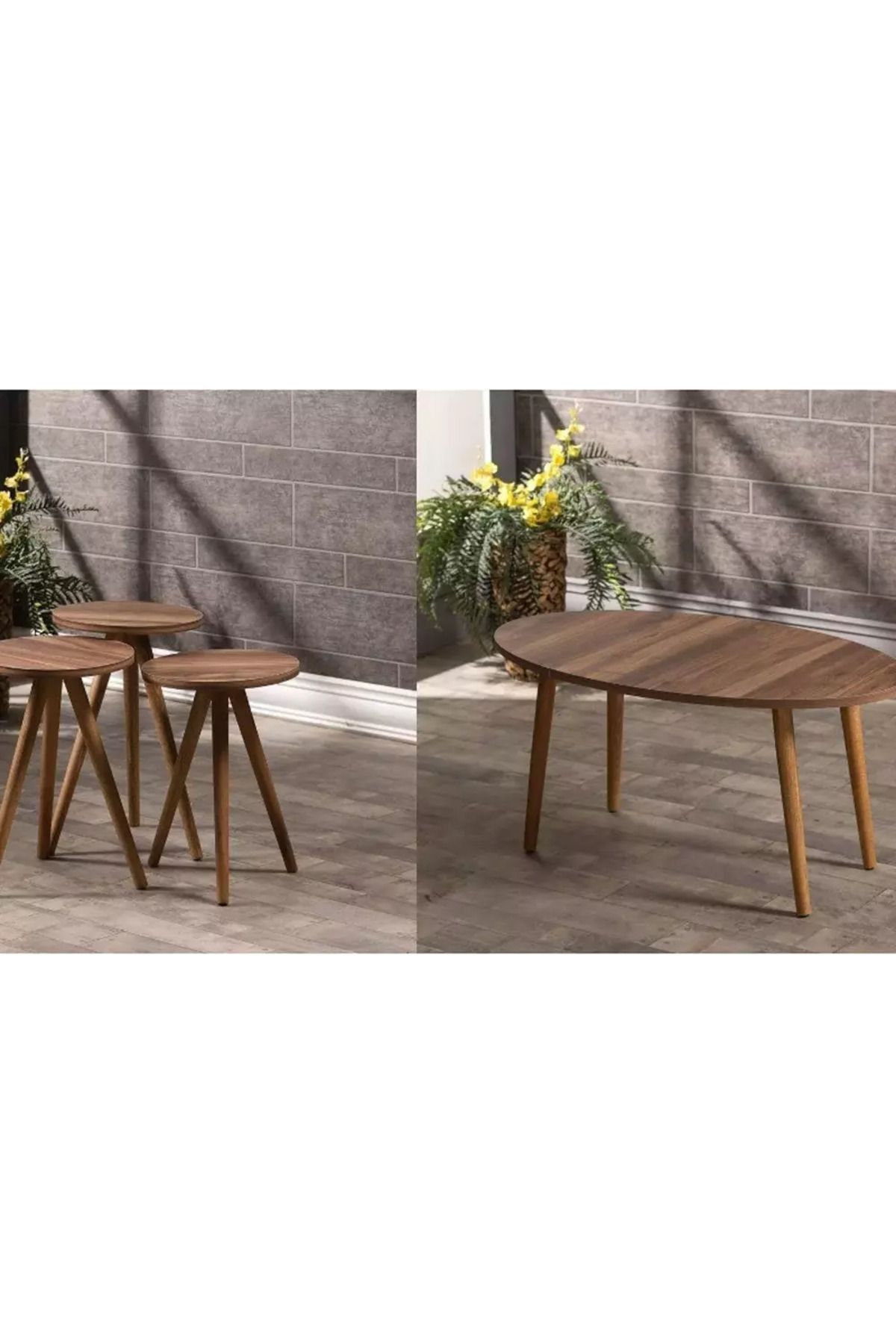 pazarella Zigon Sehpa Ve Orta Sehpa Set Ahşap Torna Elips Ceviz