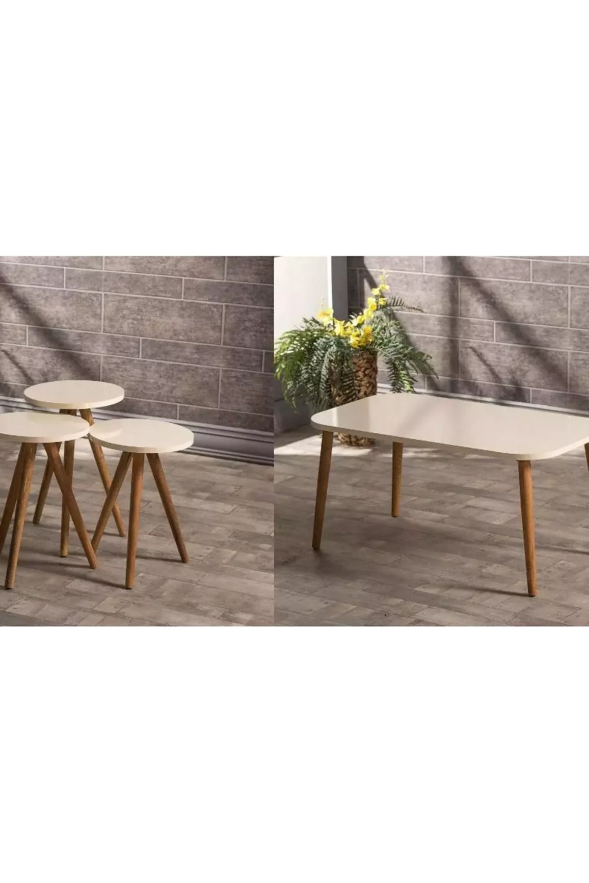 pazarella Zigon Sehpa Ve Orta Sehpa Set Ahşap Kr Torna Krem