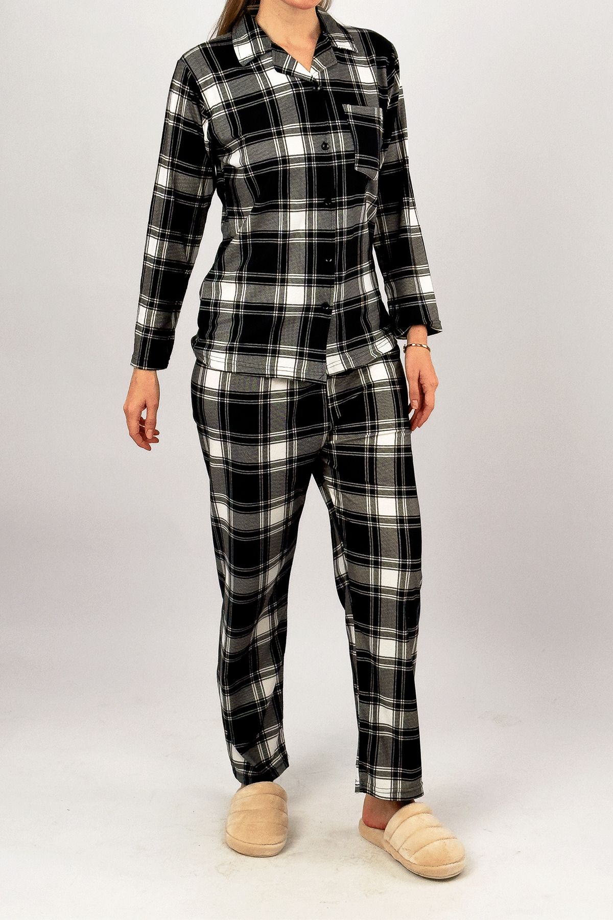 Betimoda-Winter Velvet Suede Pajamas Set - Black Square Warm Elastic Waist with Front Buttons and Pockets 2