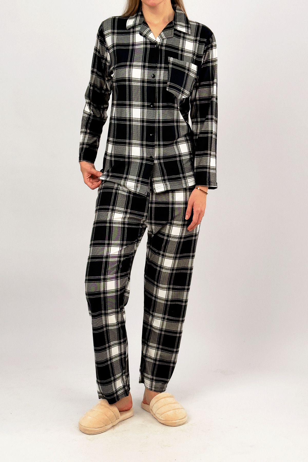 Betimoda-Winter Velvet Suede Pajamas Set - Black Square Warm Elastic Waist with Front Buttons and Pockets 3