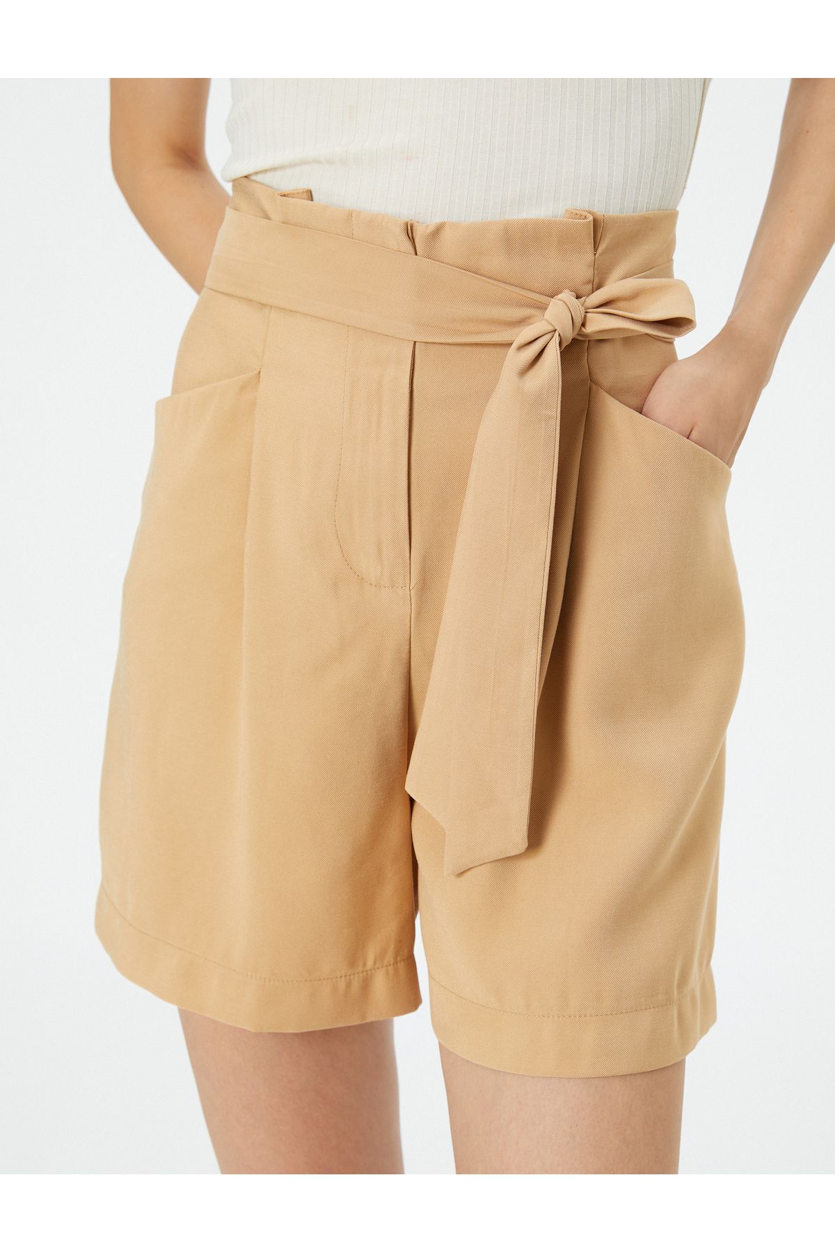 Koton-Silky Textured Shorts with Belt and Pockets 5