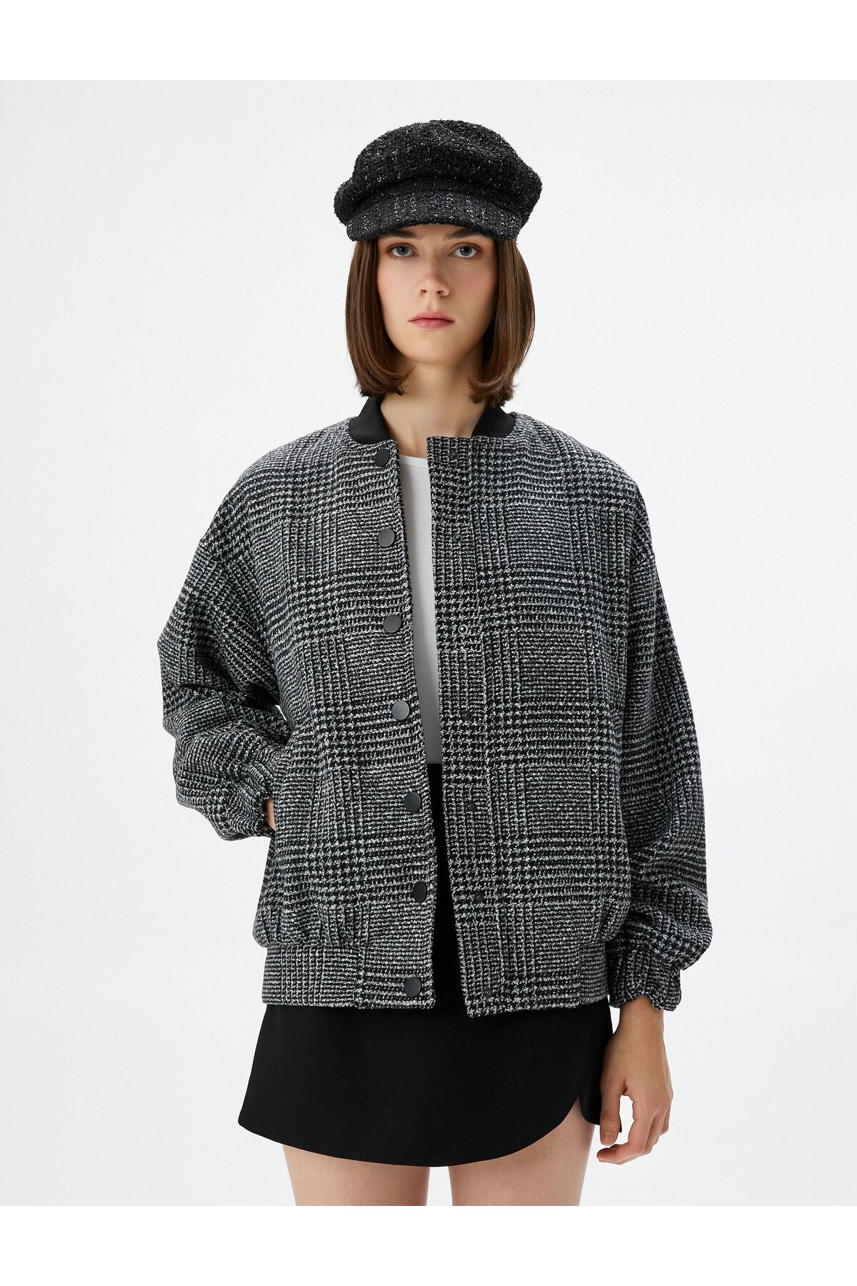 Koton-Bomber Jacket Tweed Textured Snap Button 3