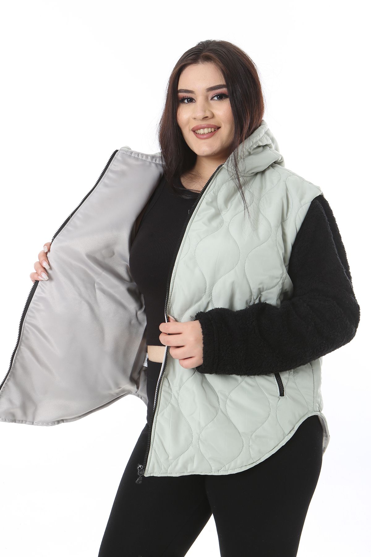 Şans-Women's Plus Size Gray Zipper and Hooded Sleeves Plush Coat 65N38494 8