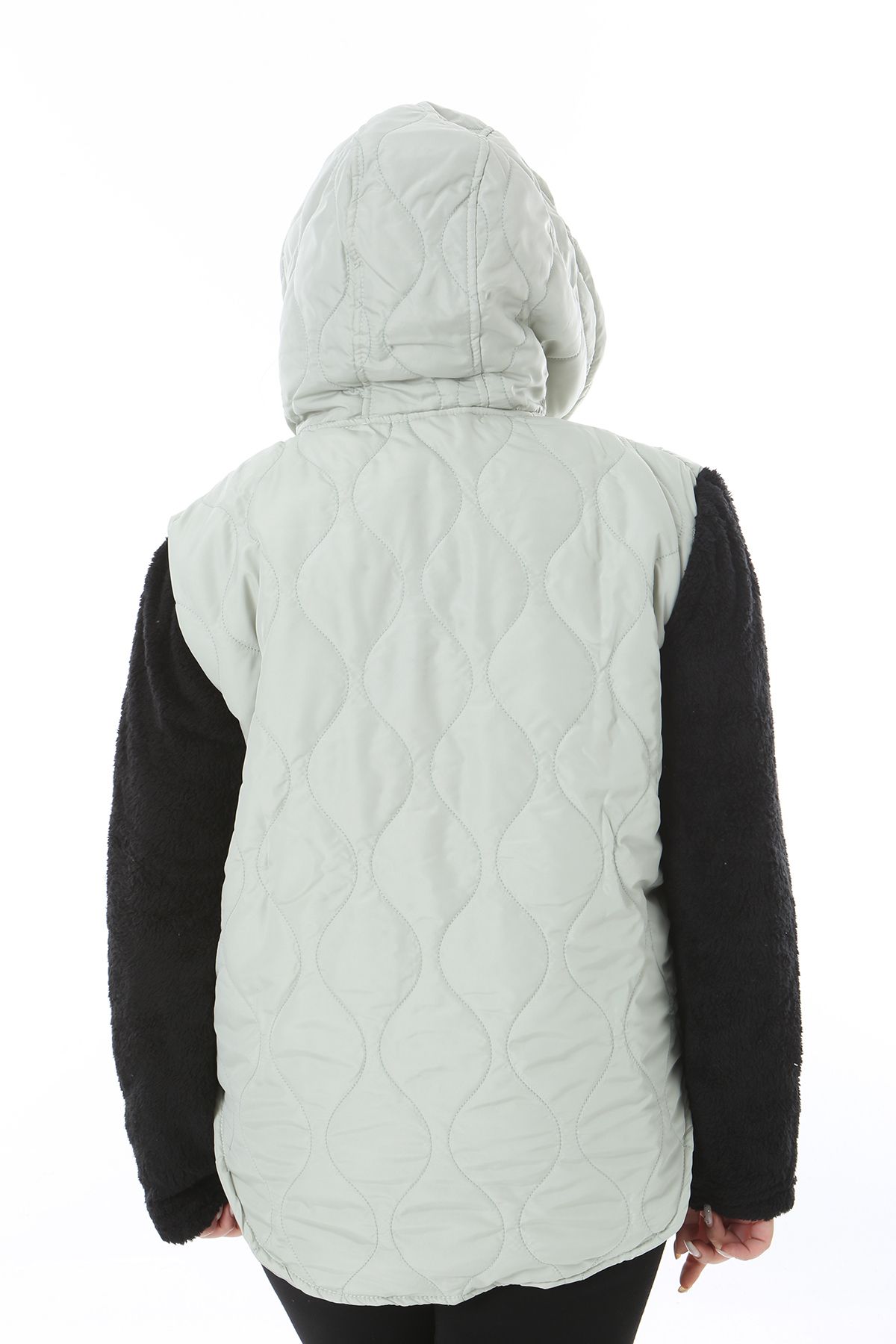 Şans-Women's Plus Size Gray Zipper and Hooded Sleeves Plush Coat 65N38494 7