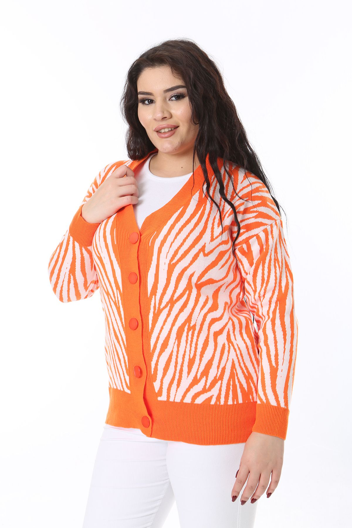 Şans-Women's Plus Size Orange Front Button Knitwear Cardigan 65N38566 1