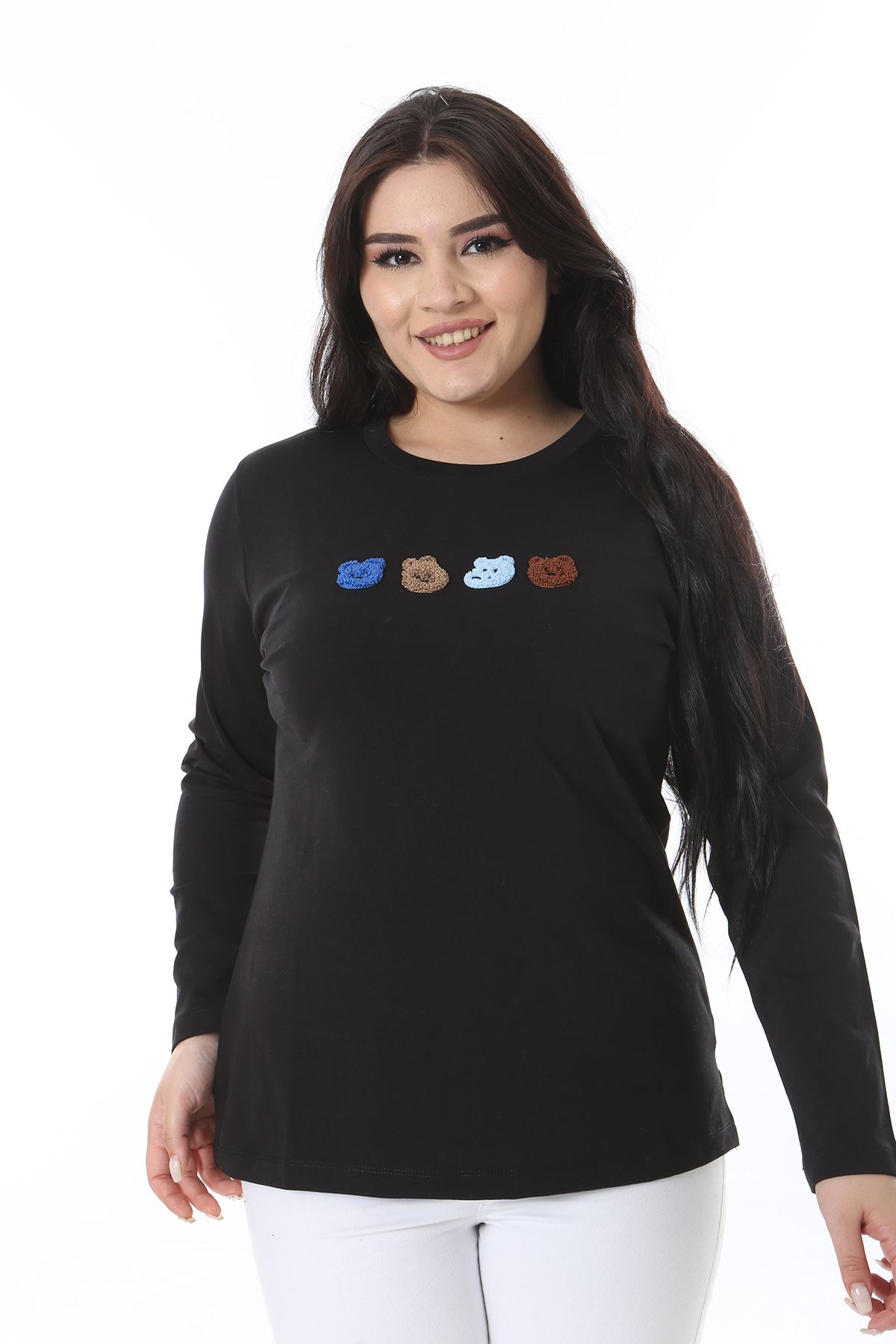 Şans-Women's Plus Size Black Embroidery Detail Sweatshirt 65N38630 4