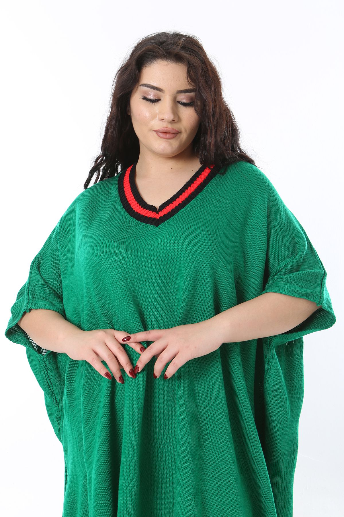 Şans-Women's Plus Size Green V-Neck Knitwear Poncho 65N38571 5