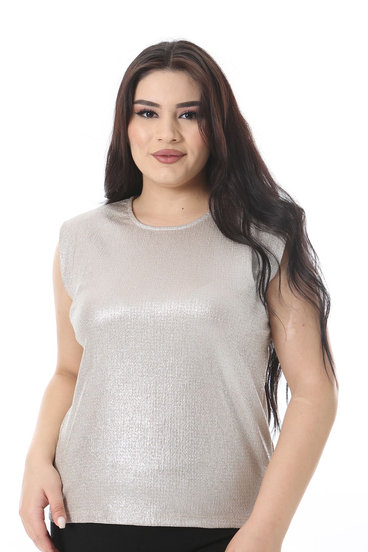 Şans-Women's Plus Size Mink Gold Sleeveless Lycra Blouse 65N38545 1