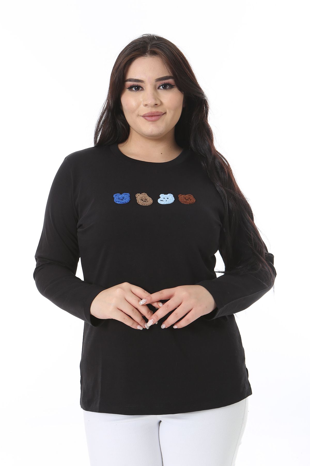 Şans-Women's Plus Size Black Embroidery Detail Sweatshirt 65N38630 3