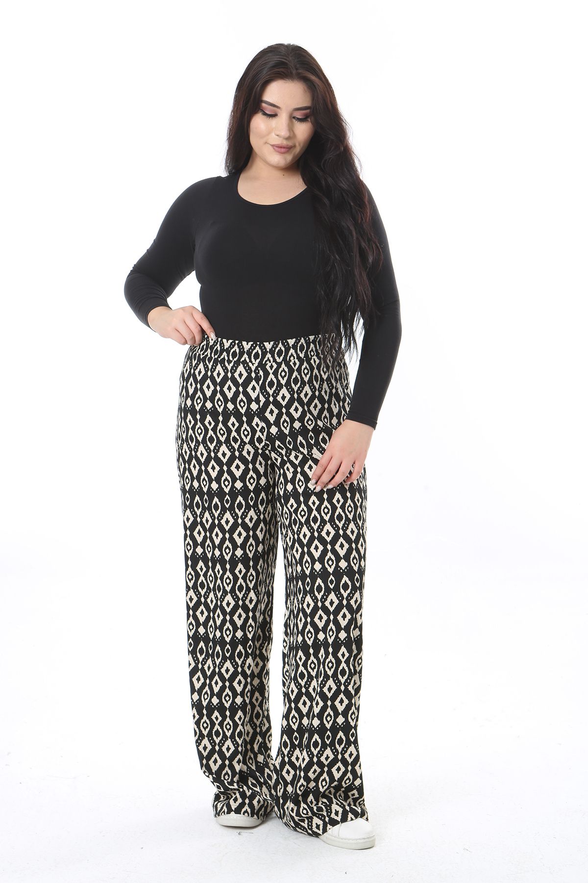 Şans-Women's Plus Size Black Elastic Waist Patterned Pants 65N38554 7