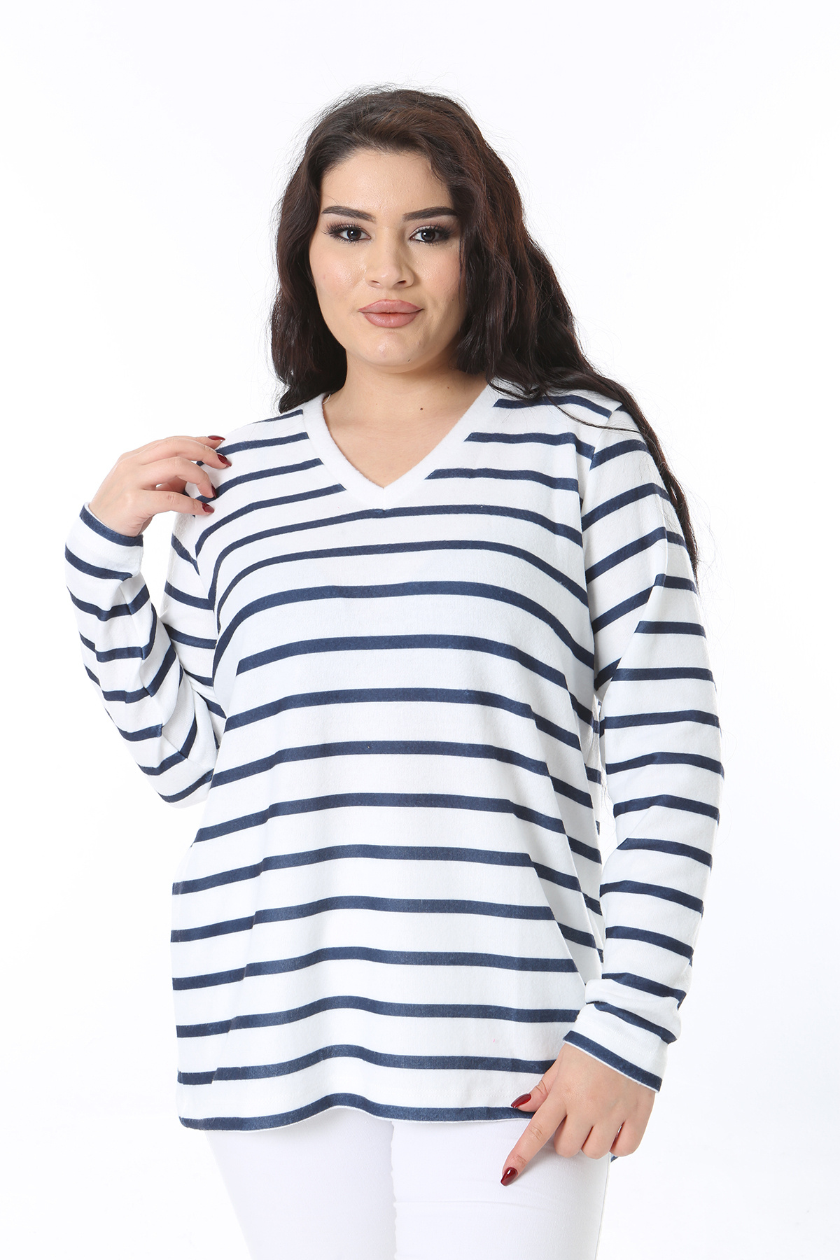 Şans-Women's Plus Size Bone V-Neckline Stripe Tunic 65N38570 3