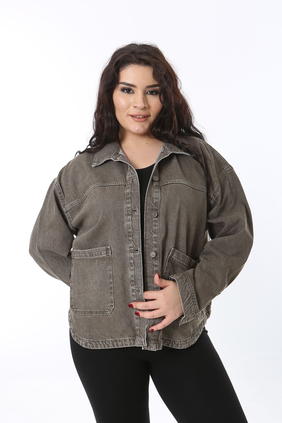 Şans-Women's Plus Size Khaki Front Button Pocket Denim Shirt Coat 65N38681 5