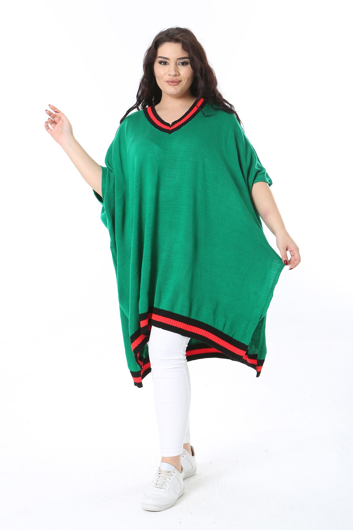 Şans-Women's Plus Size Green V-Neck Knitwear Poncho 65N38571 7