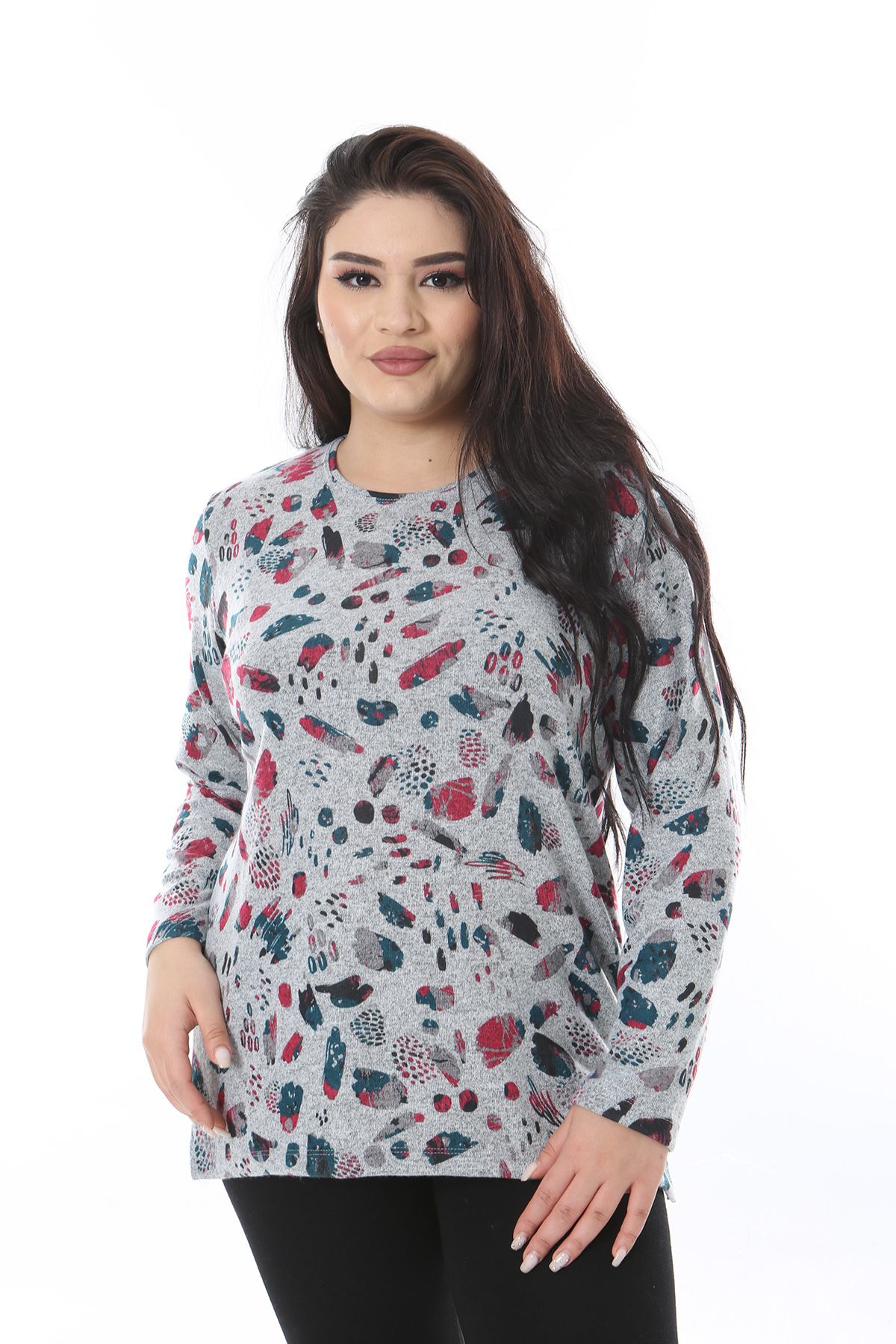 Şans-Women's Plus Size Gray Crew Neck Long Sleeve Print Blouse 65N38635 1