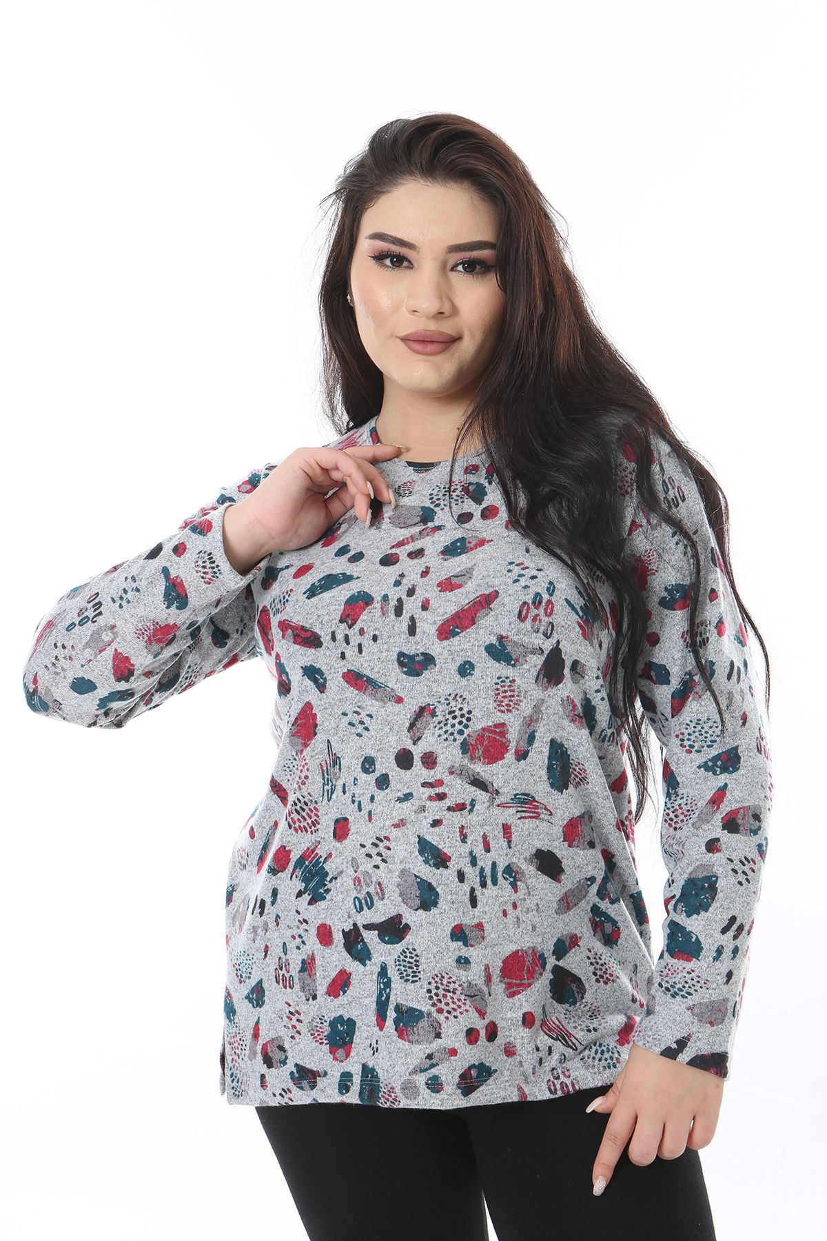 Şans-Women's Plus Size Gray Crew Neck Long Sleeve Print Blouse 65N38635 4