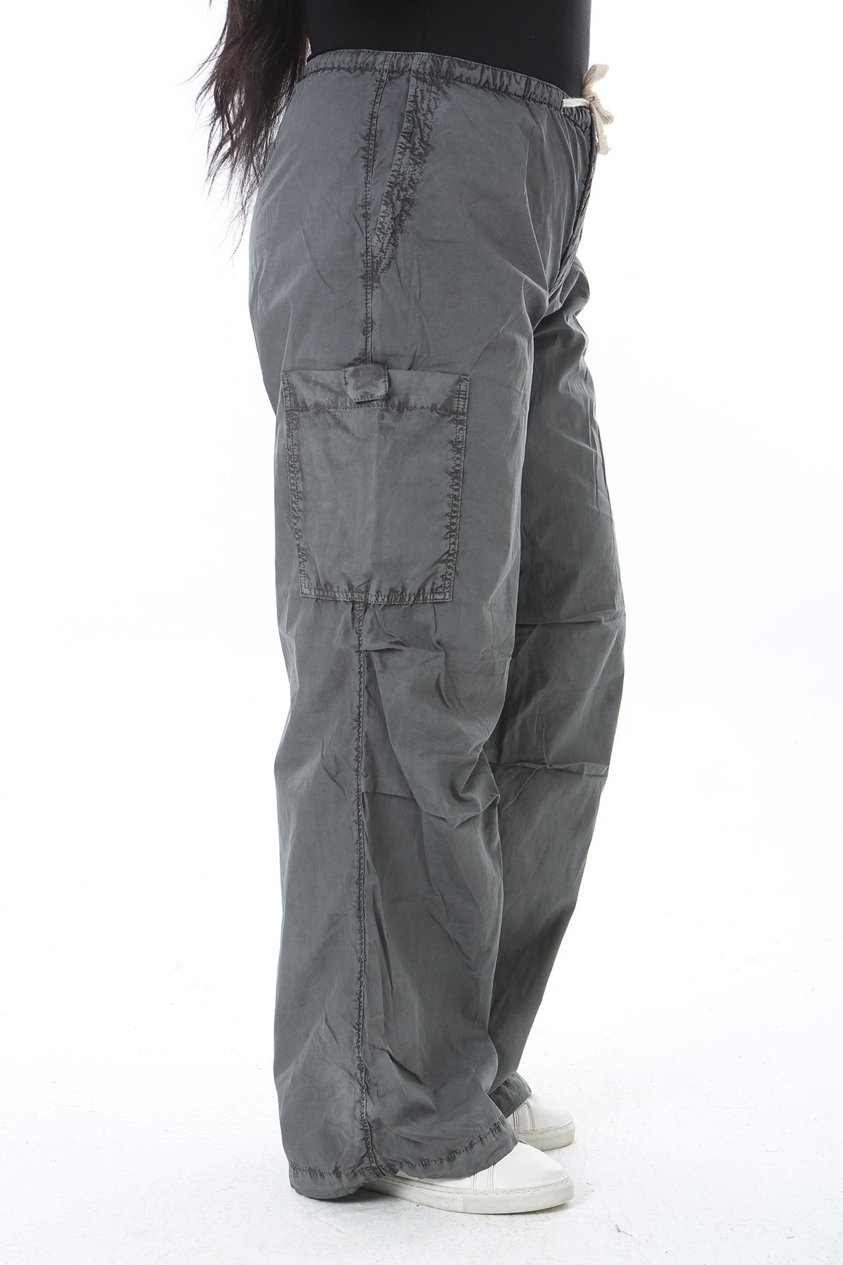 Şans-Women's Plus Size Gray Cargo Pocket Waist Lace-Up Sports Pants 65N38551 6