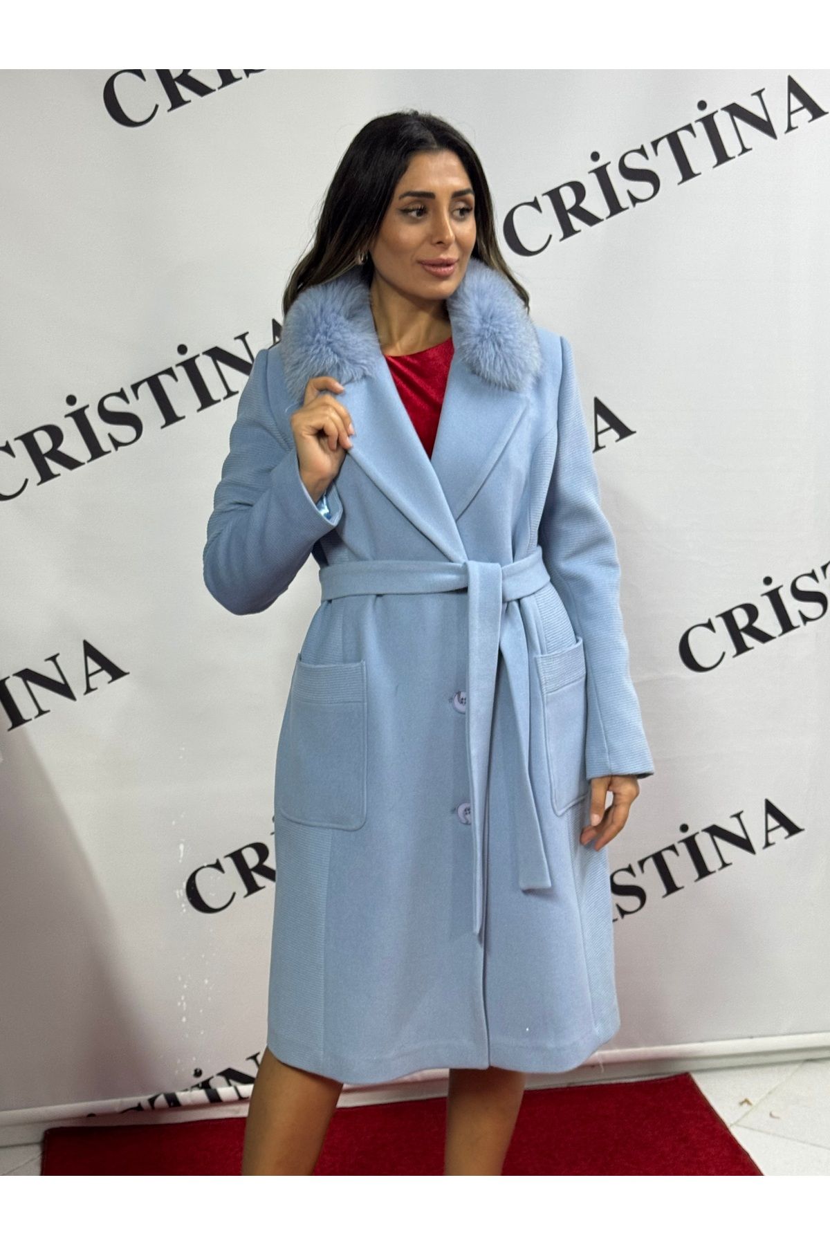 Cristina Palton Cu Guler De Blană Cu Buzunar Femeie - 42
