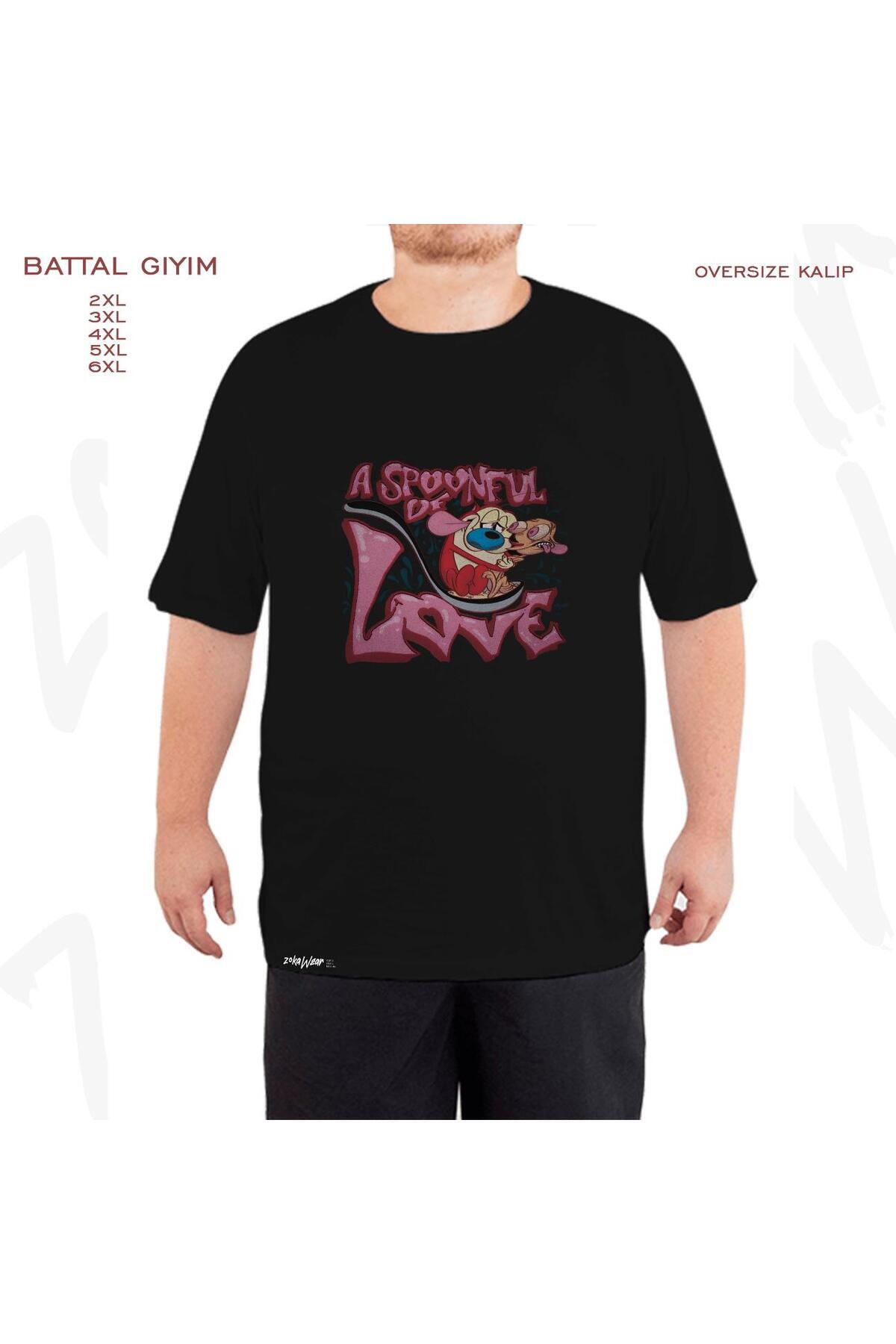 ZOKAWEAR-Oversize Ren and Stimpy Valentine's Printed Oversize Black T-Shirt 1