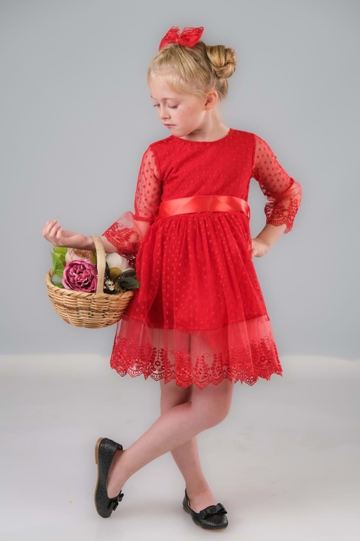 Mnk Dream Luxury Dantel Kız Çocuk Elbise MNK0327 KIRMIZI fotoğrafı 6 (önizleme)