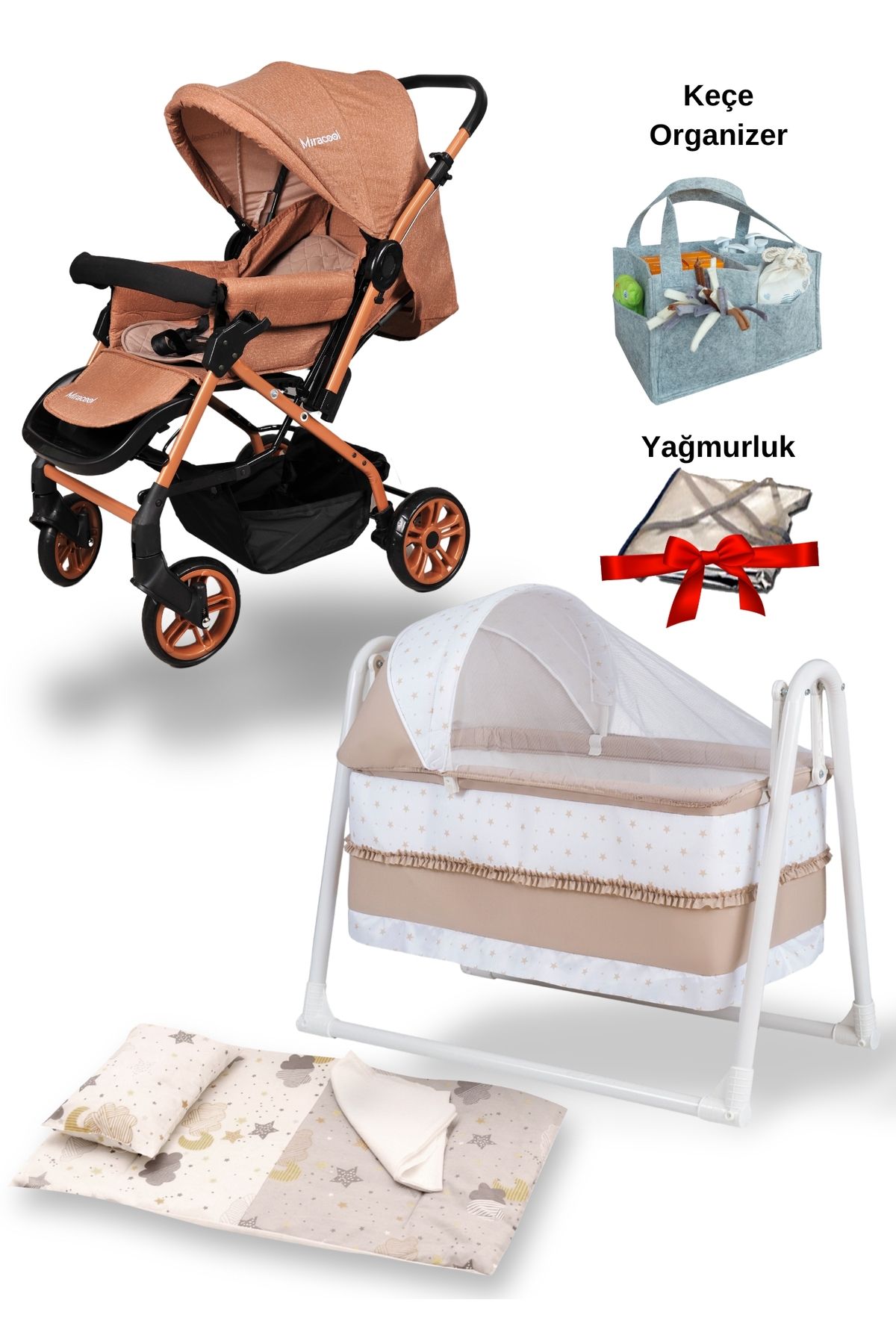 miracool 7'li Bebek Seti / Olympus Bebek Arabası / Star Beşik / Keçe Organizer/Yastık/Yorgan/Çarşaf/Yağmurluk