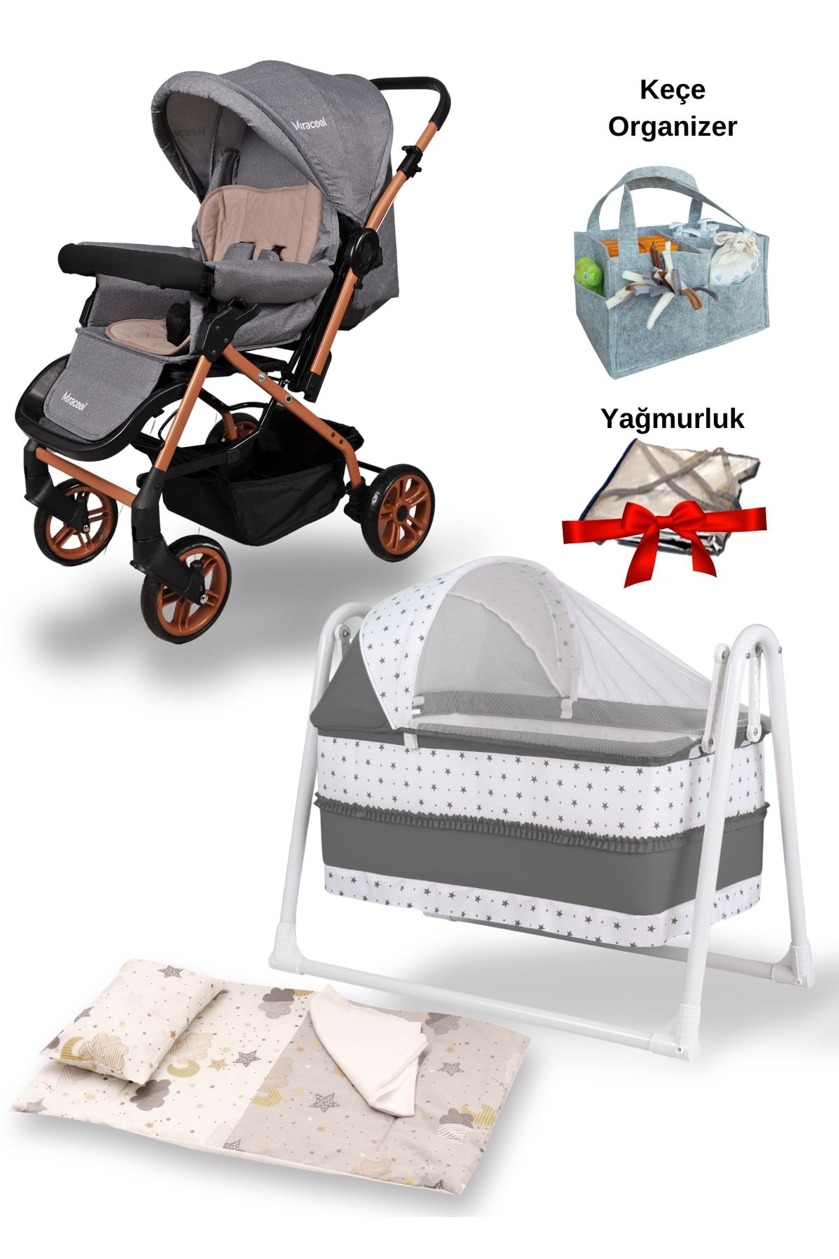 miracool 7'li Bebek Seti / Olympus Bebek Arabası / Star Beşik / Keçe Organizer/Yastık/Yorgan/Çarşaf/Yağmurluk