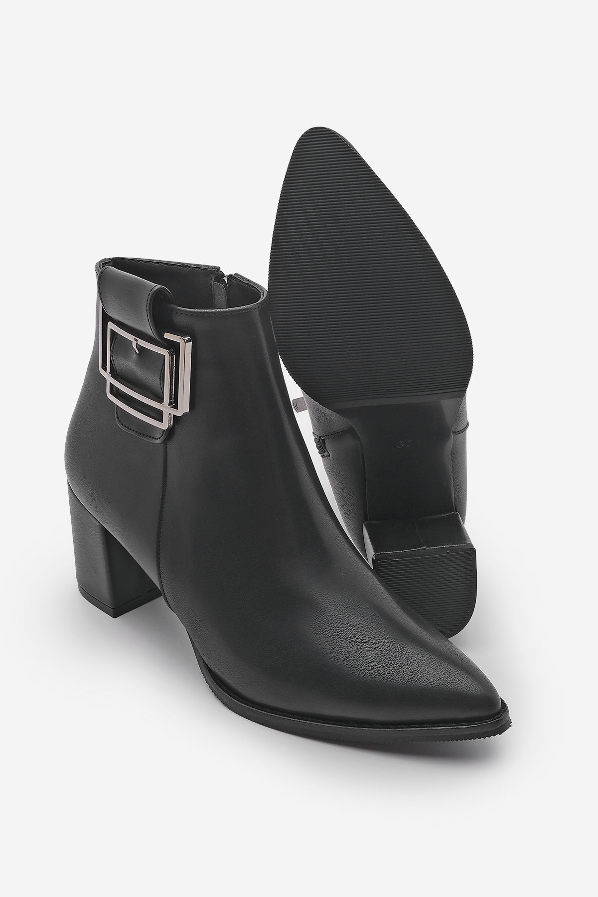 Marjin-Zetta Black Women's Boots - Thick Heel with Silver Buckle and Belt Detail 7