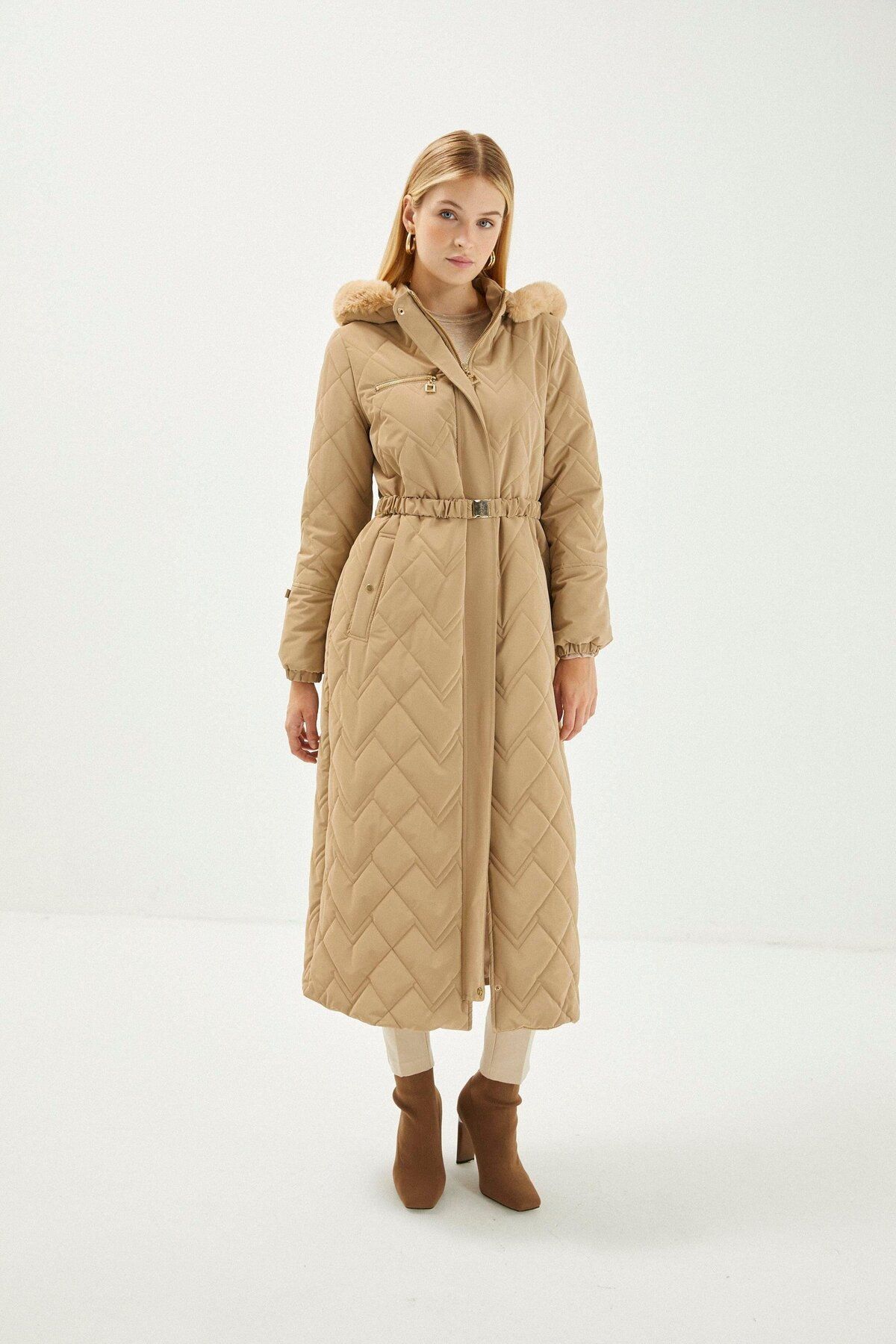 Zühre-Fur Detailed Hooded Long Beige Puffer Coat 12765 6