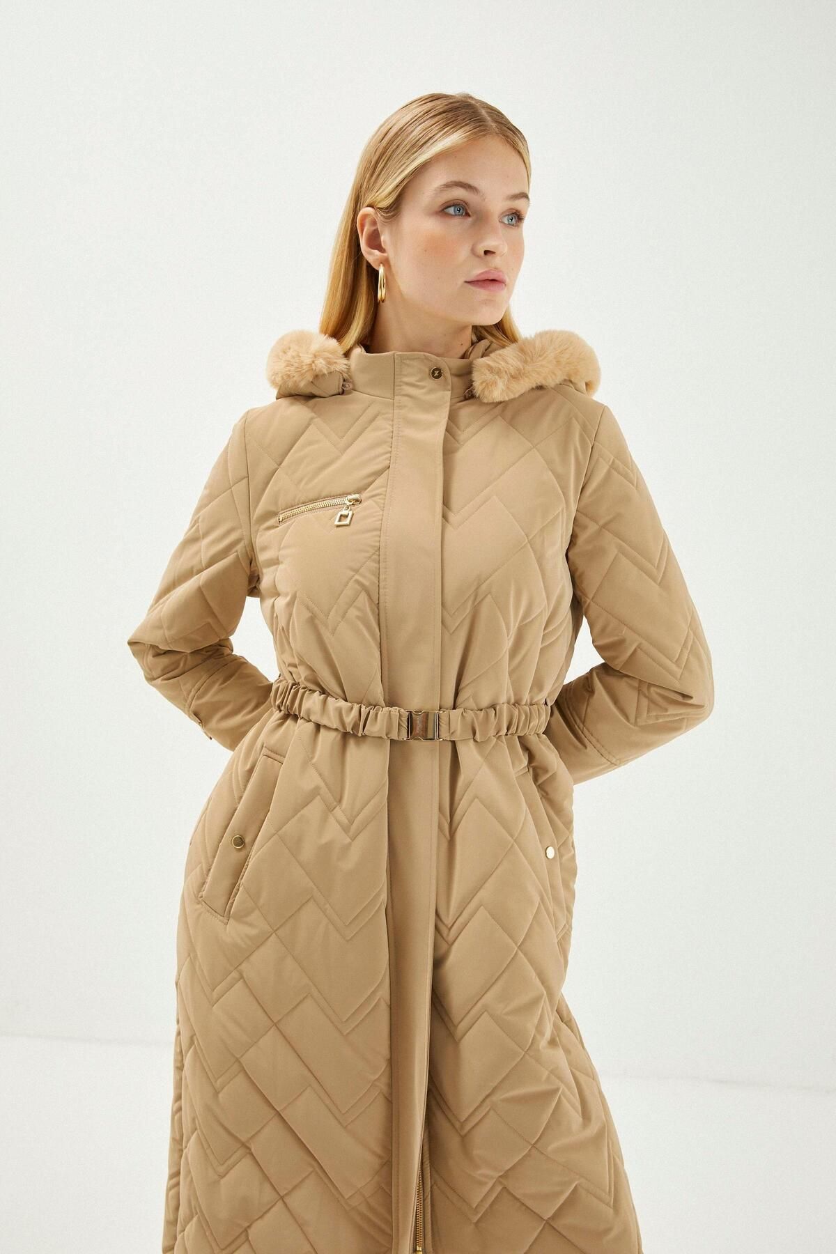 Zühre-Fur Detailed Hooded Long Beige Puffer Coat 12765 4