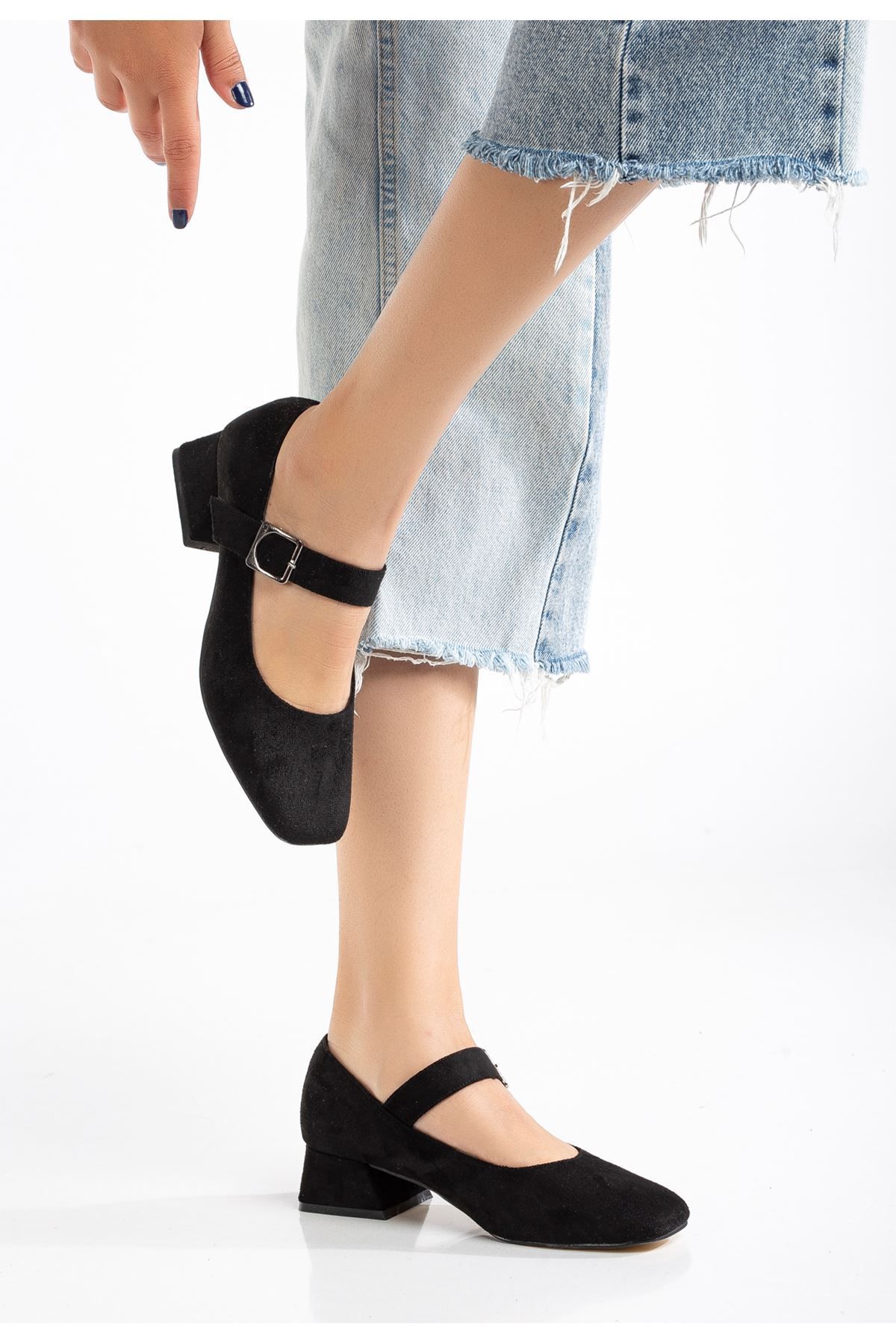 ASFSTORE ST-006 Siyah Süet Günlük 4 cm Topuklu Ayakkabı