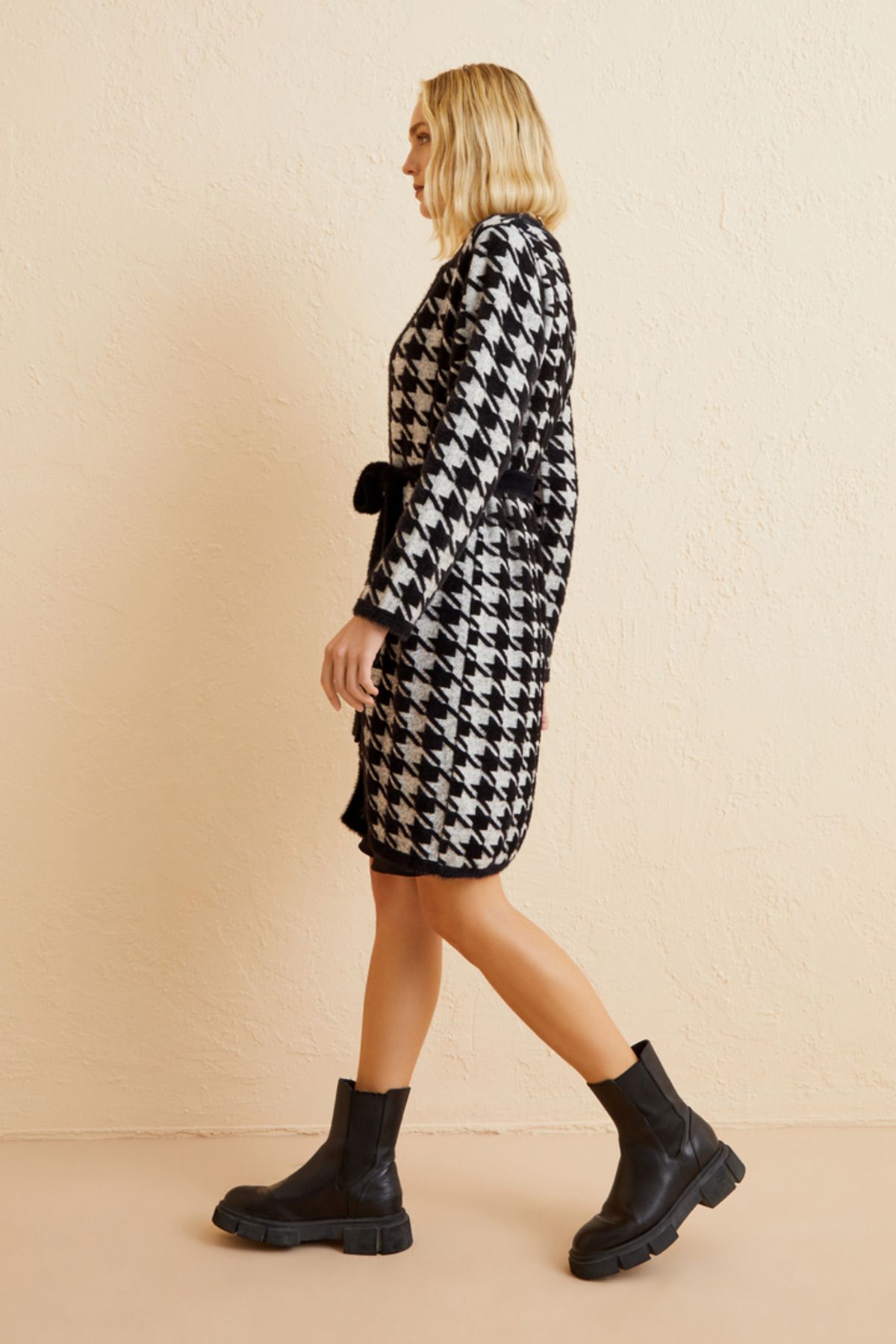 Naramaxx-Houndstooth Patterned Long Knitwear Cardigan 3