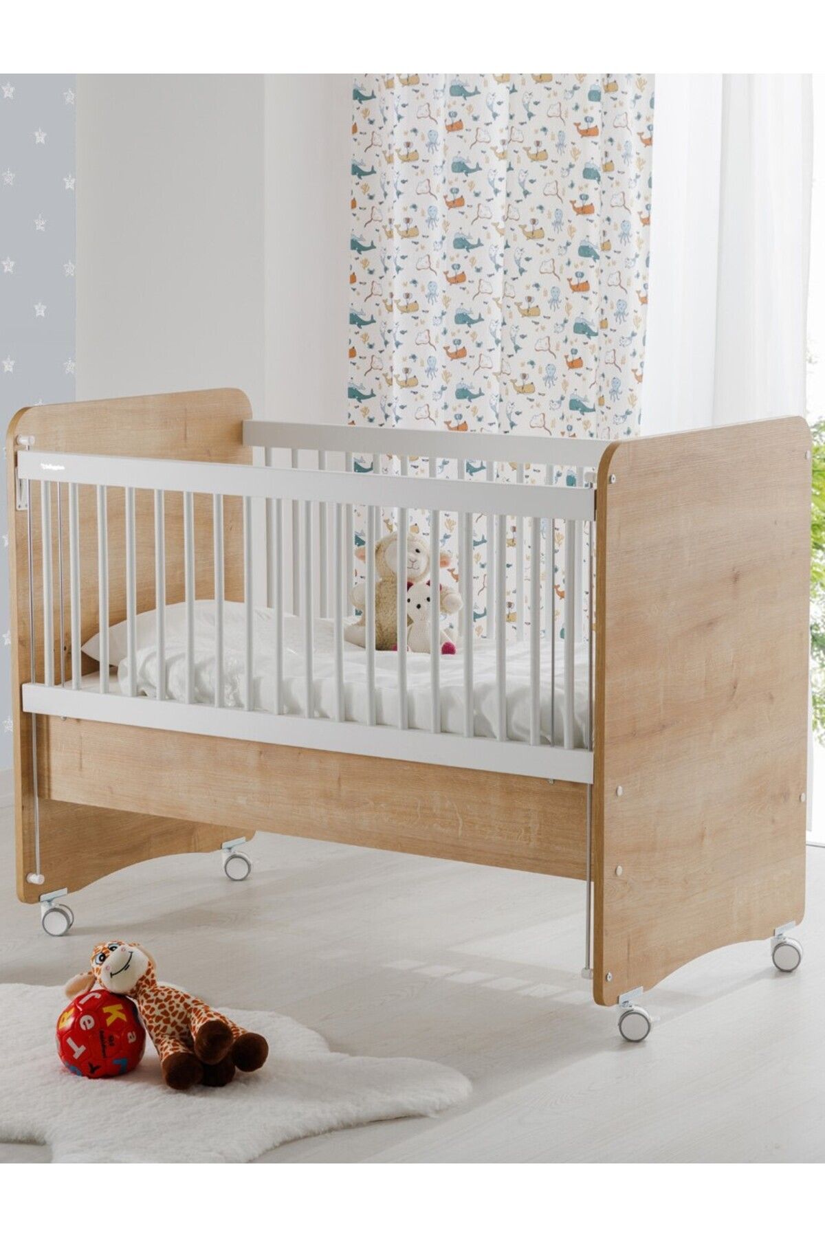 Babywhen Bw1066 - Pratik Kademeli Anne Yanı Tekerlekli Bebek Beşik Ahşap 60x120