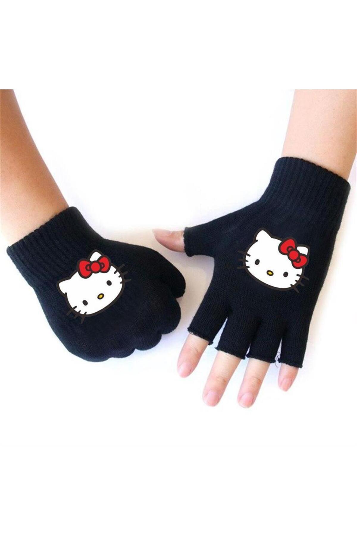 Karakedi Siyah Hello Kitty Baskılı Kesik Parmak Eldiven görsel 3