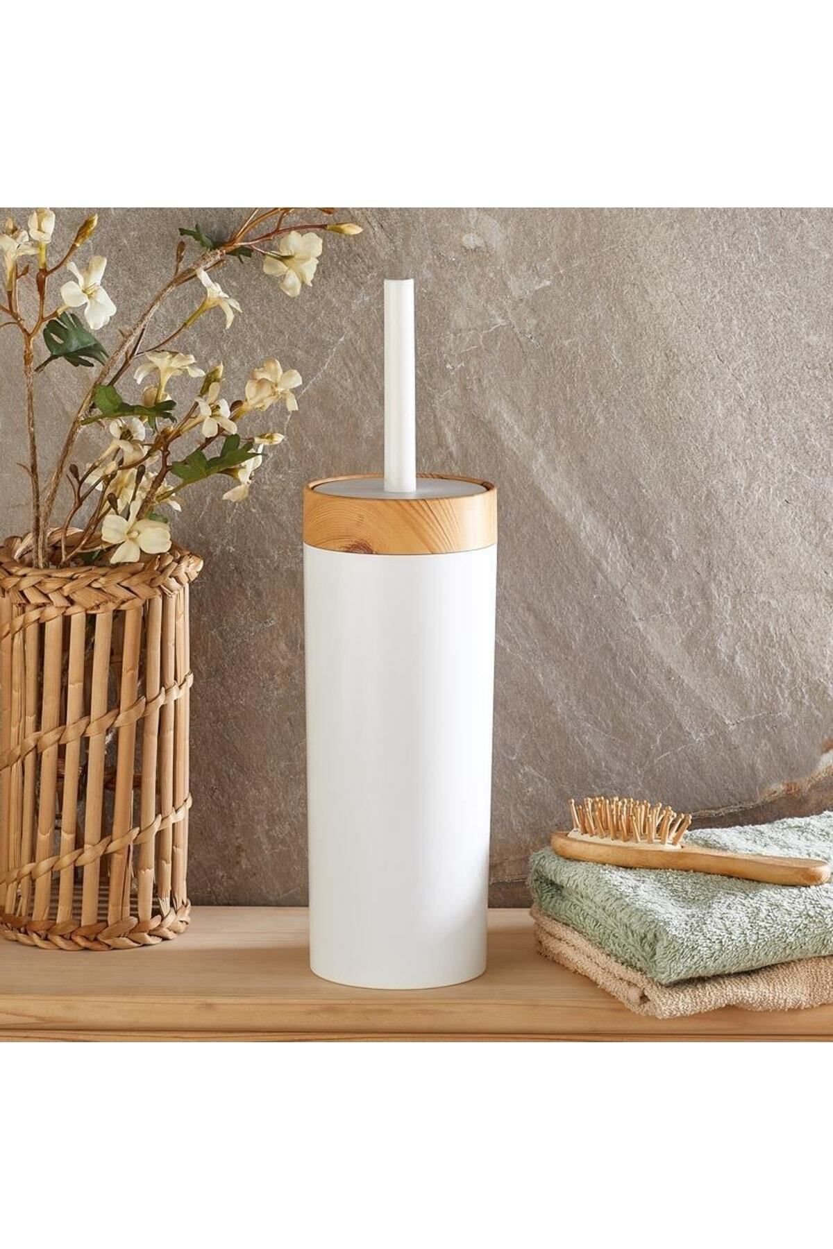 Flosoft-White Bamboo Patterned Trash Can and Toilet Bowl Wc Brush - Set of 2 5