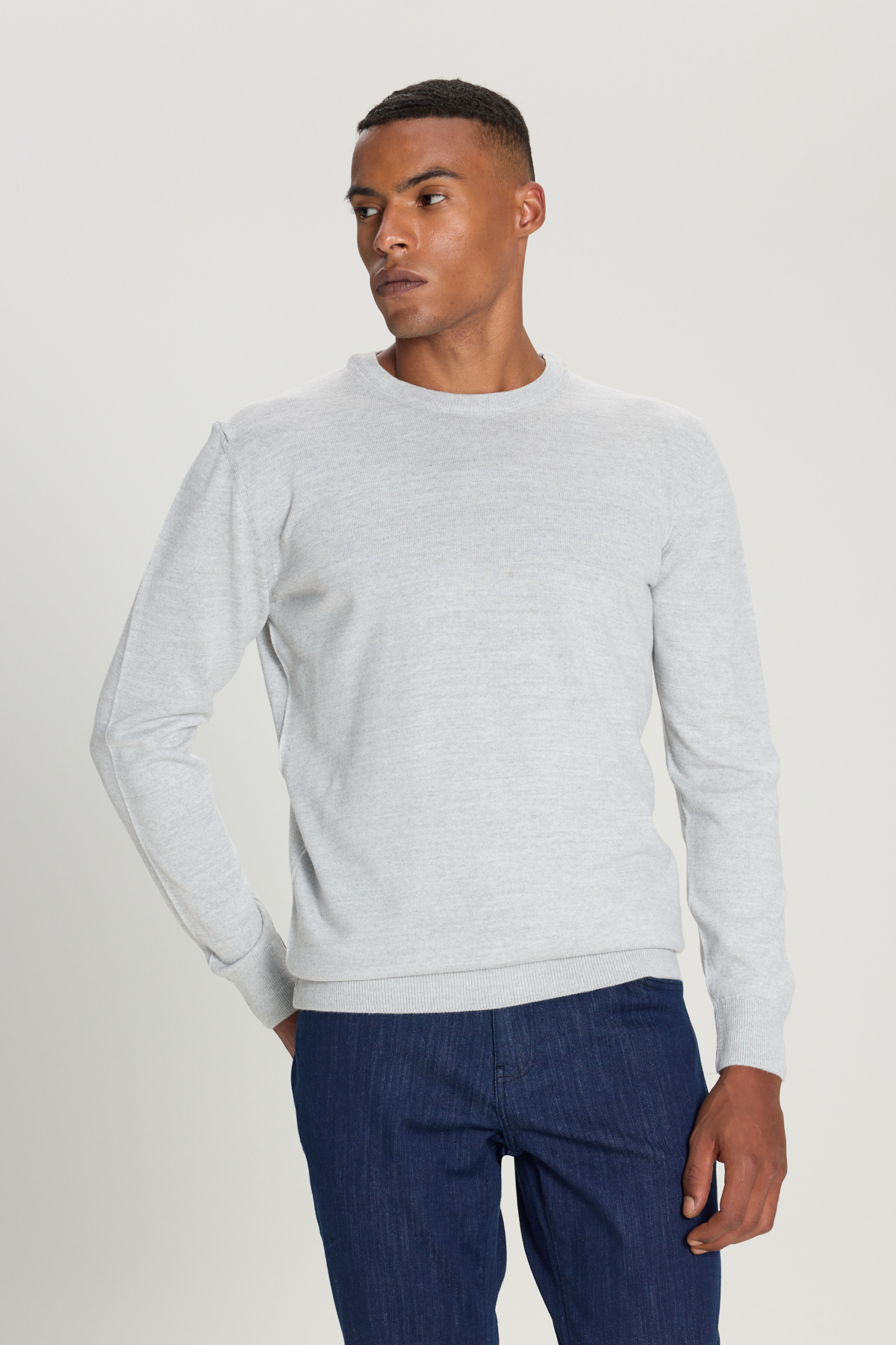 Erkek Açık Gri Yünlü Standart Fit Normal Kesim Bisiklet Yaka Triko Kazak