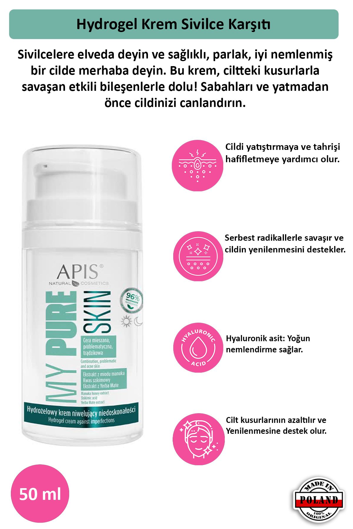 Apis Natural Cosmetics Hydrogel Krem Sivilce Karşıtı - MY PURE SKIN- 50 Ml