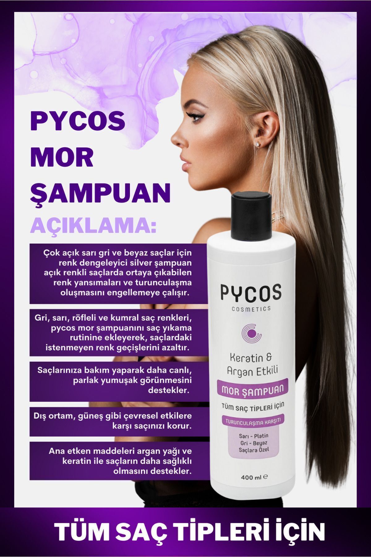 PYCOS COSMETICS Turunculaşma Karşıtı Mor Şampuan 400ml, Sarı-gri-beyaz Saçlar Için Renk Dengeleyici Silver Şampuan-3