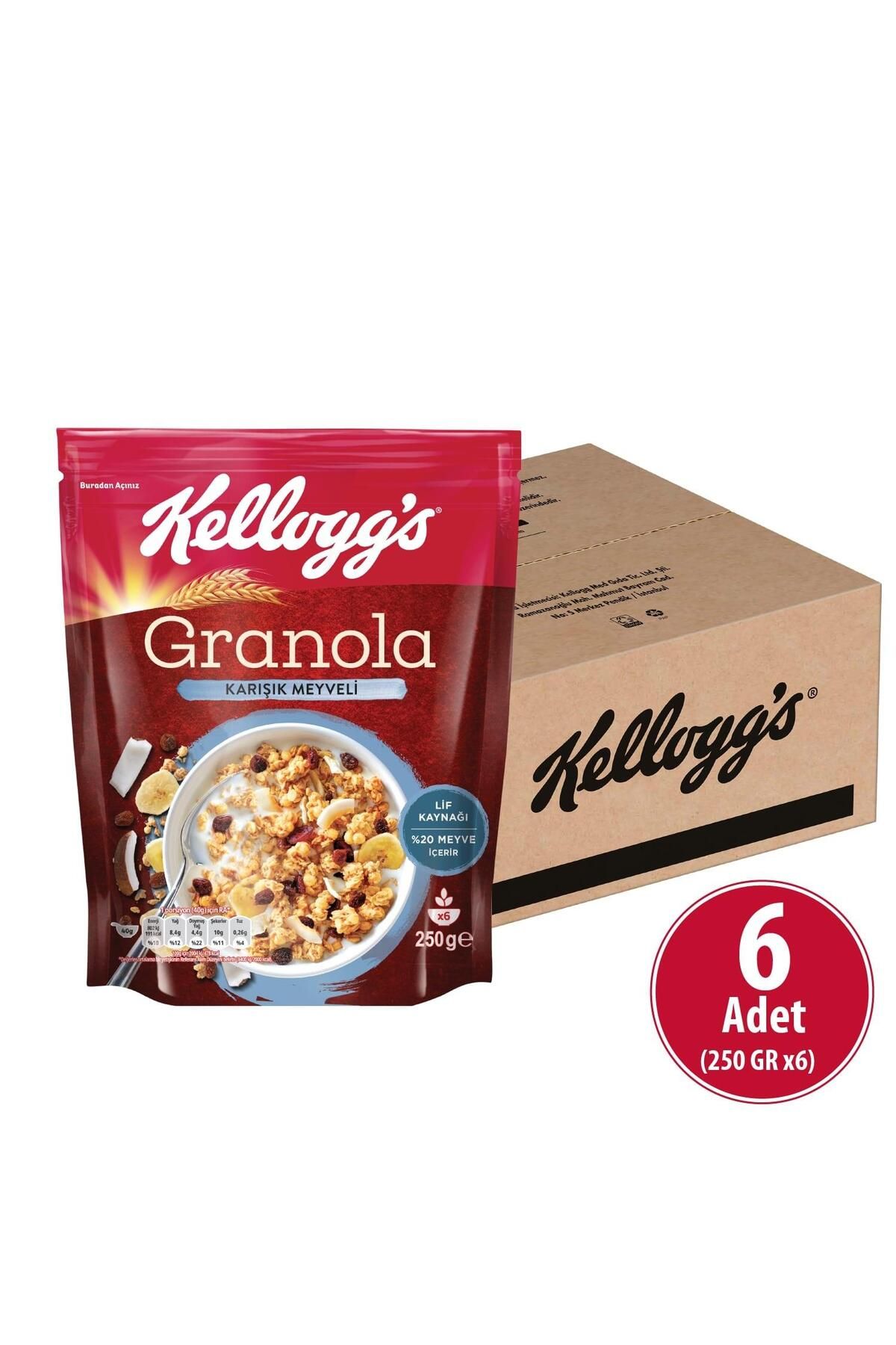 Kellogg's Karışık Meyveli Granola 250 gr X 6 Adet, %45 Yulaf Içerir, Lif Kaynağı, %20 Kurutulmuş Meyve