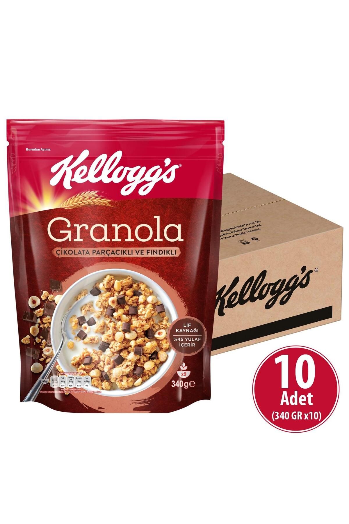 Kellogg's Çikolata Parçacıklı&Fındıklı Granola 340 gr x 10 Adet,%44 Yulaf Içerir, Lif Kaynağı