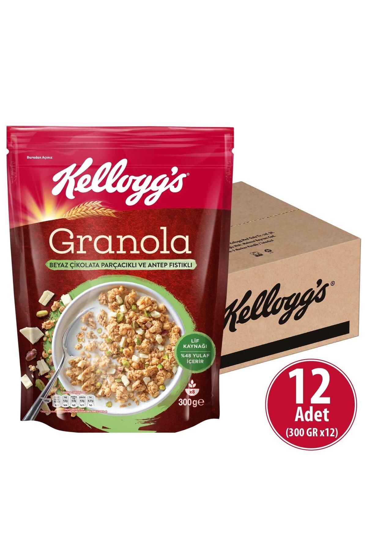 Kellogg's Beyaz Çikolata Parçacıklı&Antep Fıstıklı Granola 300 Gr x 12 Adet, %46 Yulaf Içerir, Lif Kaynağı