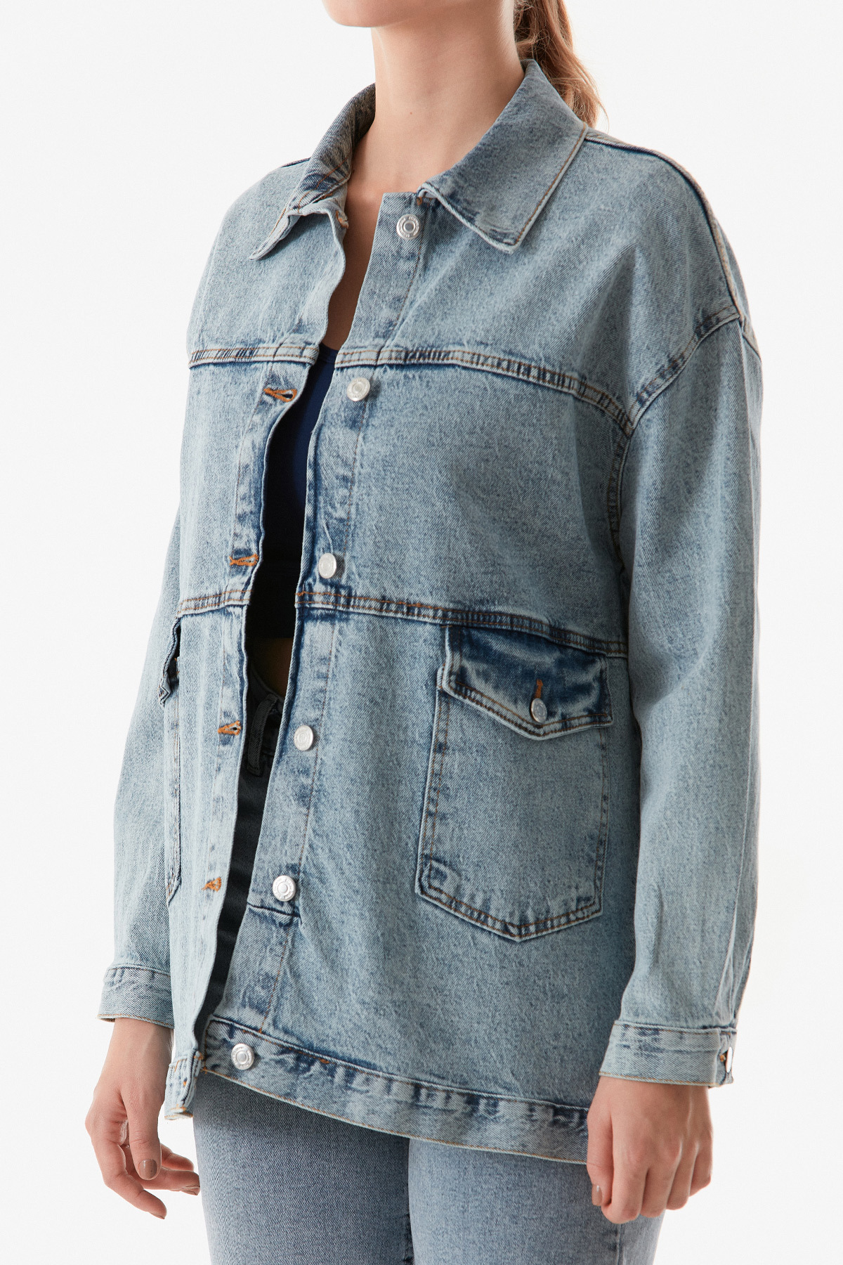Fulla Moda-Basic Buttoned Double Pocket Oversize Denim Jacket 6