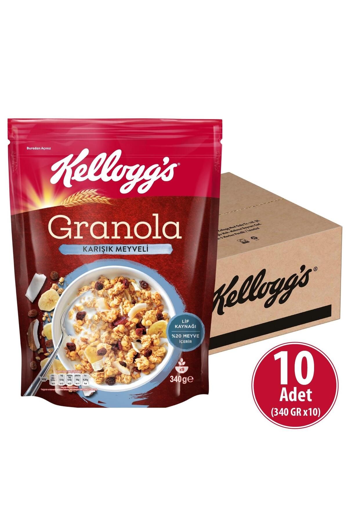 Kellogg's Granola Karışık Meyveli 340 G X 10 Adet, %45 Yulaf Içerir, Lif Kaynağı, %20 Kurutulmuş Meyve