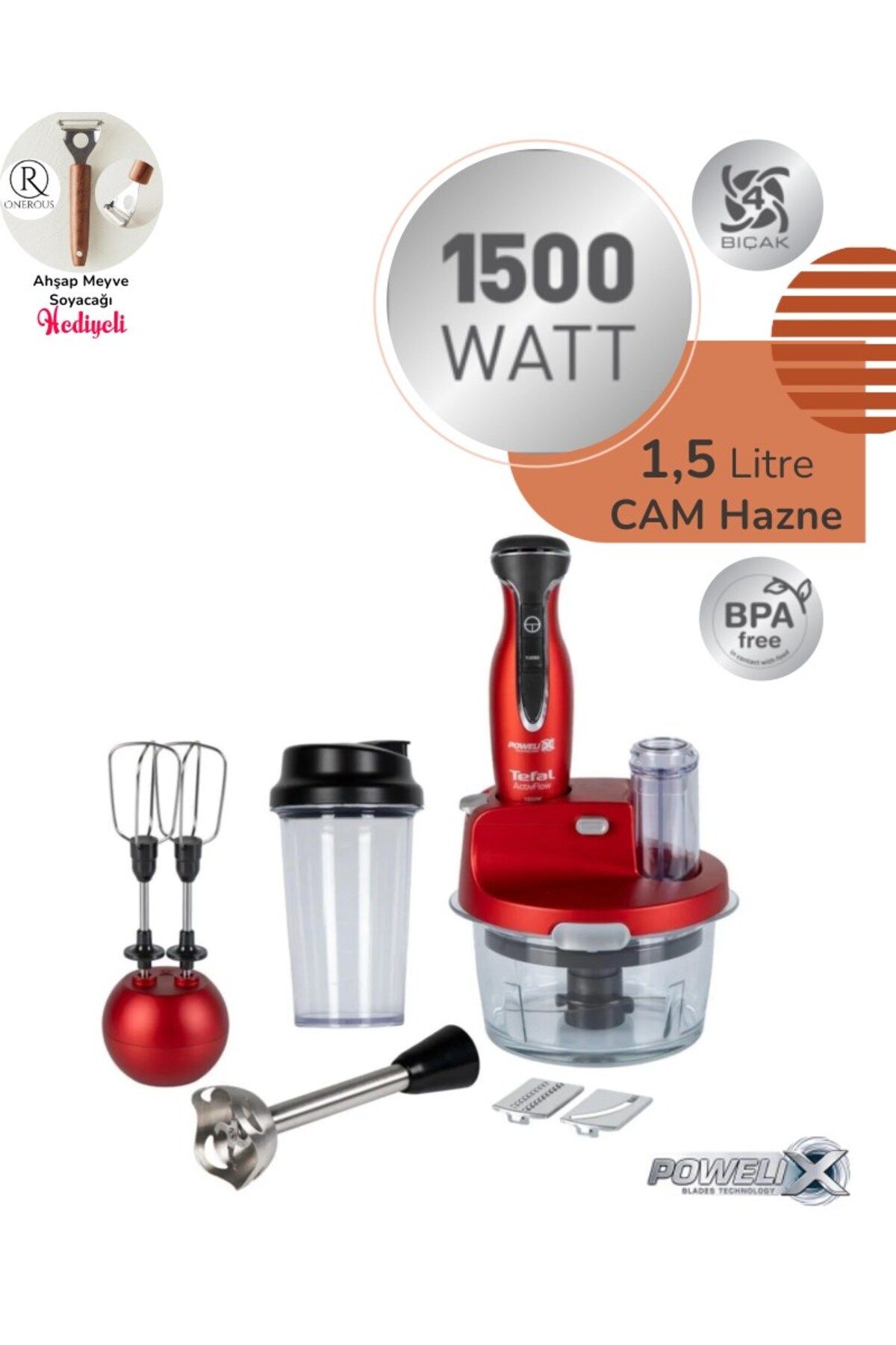 TEFAL Powelix 1500W Dilimleyici ve rende 4 Bıçaklı *1,5 Litre CAM Hazneli Blender & Mutfak Robotu